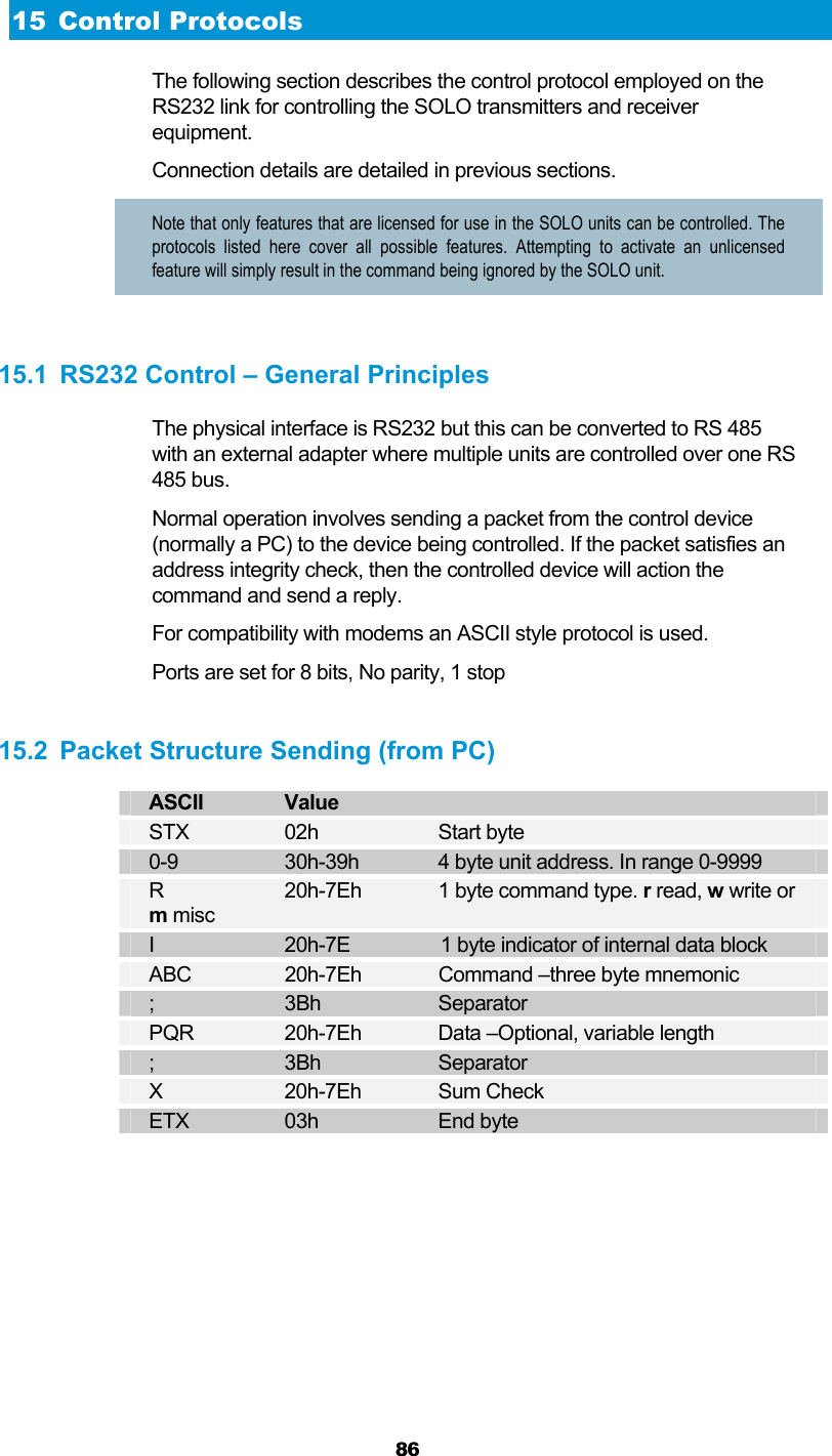  86   15 Control Protocols The following section describes the control protocol employed on the RS232 link for controlling the SOLO transmitters and receiver equipment. Connection details are detailed in previous sections. Note that only features that are licensed for use in the SOLO units can be controlled. The protocols listed here cover all possible features. Attempting to activate an unlicensed feature will simply result in the command being ignored by the SOLO unit.   15.1  RS232 Control – General Principles The physical interface is RS232 but this can be converted to RS 485 with an external adapter where multiple units are controlled over one RS 485 bus. Normal operation involves sending a packet from the control device (normally a PC) to the device being controlled. If the packet satisfies an address integrity check, then the controlled device will action the command and send a reply. For compatibility with modems an ASCII style protocol is used.  Ports are set for 8 bits, No parity, 1 stop   15.2  Packet Structure Sending (from PC) ASCII   Value STX  02h  Start byte 0-9    30h-39h   4 byte unit address. In range 0-9999 R    20h-7Eh  1 byte command type. r read, w write or   m misc  I    20h-7E    1 byte indicator of internal data block ABC    20h-7Eh  Command –three byte mnemonic  ;  3Bh  Separator PQR    20h-7Eh  Data –Optional, variable length ;  3Bh  Separator X   20h-7Eh  Sum Check ETX  03h  End byte   