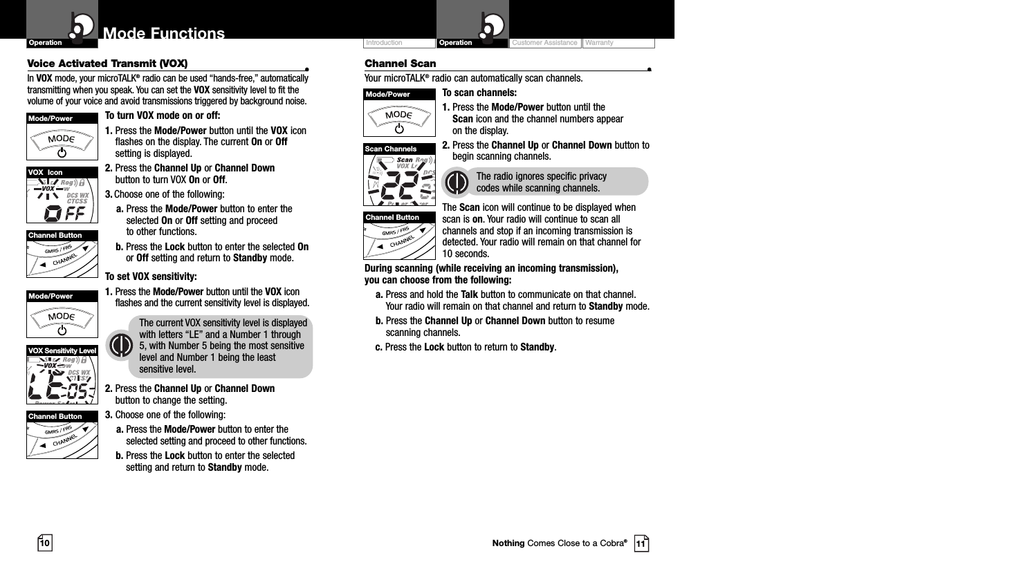 Customer Assistance WarrantyIntroduction OperationMode FunctionsChannel Scan •Your microTALK®radio can automatically scan channels.To scan channels:1. Press the Mode/Power button until the Scan icon and the channel numbers appear on the display.2. Press the Channel Up or Channel Down button tobegin scanning channels.  The radio ignores specific privacy codes while scanning channels.The Scan icon will continue to be displayed whenscan is on. Your radio will continue to scan allchannels and stop if an incoming transmission isdetected. Your radio will remain on that channel for10 seconds. During scanning (while receiving an incoming transmission), you can choose from the following:a. Press and hold the Talk button to communicate on that channel.Your radio will remain on that channel and return to Standby mode.b. Press the Channel Up or Channel Down button to resume scanning channels.c. Press the Lock button to return to Standby.10 11Operation Mode FunctionsChannel ButtonMode/PowerScan ChannelsNothing Comes Close to a Cobra®Voice Activated Transmit (VOX) •In VOX mode, your microTALK®radio can be used “hands-free,” automaticallytransmitting when you speak. You can set the VOX sensitivity level to fit thevolume of your voice and avoid transmissions triggered by background noise. To turn VOX mode on or off:1. Press the Mode/Power button until the VOX iconflashes on the display. The current On or Offsetting is displayed.2. Press the Channel Up or Channel Downbutton to turn VOX On or Off.3. Choose one of the following:a. Press the Mode/Power button to enter the selected On or Off setting and proceed to other functions.  b. Press the Lock button to enter the selected Onor Off setting and return to Standby mode. To set VOX sensitivity:1. Press the Mode/Power button until the VOX iconflashes and the current sensitivity level is displayed.The current VOX sensitivity level is displayedwith letters “LE” and a Number 1 through5, with Number 5 being the most sensitivelevel and Number 1 being the leastsensitive level.2. Press the Channel Up or Channel Downbutton to change the setting.3. Choose one of the following:a. Press the Mode/Power button to enter theselected setting and proceed to other functions.b. Press the Lock button to enter the selectedsetting and return to Standby mode.VOX  IconChannel ButtonMode/PowerChannel ButtonMode/PowerVOX Sensitivity Level