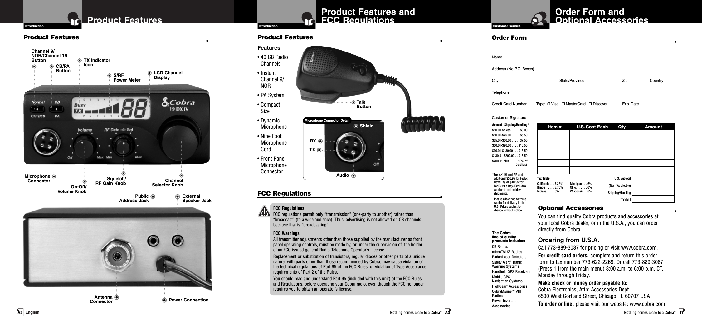 Customer Service17Nothing comes close to a Cobra®Order Form andOptional Accessories IntroductionA3Nothing comes close to a Cobra®Product Features and FCC RegulationsA2 EnglishProduct FeaturesIntroductionChannel 9/NOR/Channel 19 ButtonCB/PAButtonOn-Off/Volume KnobSquelch/RF Gain Knob Channel Selector KnobMicrophoneConnectorTX IndicatorIconS/RF Power MeterLCD ChannelDisplayAntennaConnectorExternalSpeaker JackPublic Address JackPower ConnectionOptional Accessories •You can find quality Cobra products and accessories at your local Cobra dealer, or in the U.S.A., you can order directly from Cobra.Ordering from U.S.A.Call 773-889-3087 for pricing or visit www.cobra.com.For credit card orders, complete and return this order form to fax number 773-622-2269. Or call 773-889-3087(Press 1 from the main menu) 8:00 a.m. to 6:00 p.m. CT, Monday through Friday.Make check or money order payable to:  Cobra Electronics, Attn: Accessories Dept.6500 West Cortland Street, Chicago, IL 60707 USATo order online, please visit our website: www.cobra.comThe Cobra line of qualityproducts includes:CB RadiosmicroTALK®RadiosRadar/Laser Detectors Safety Alert®Traffic Warning SystemsHandheld GPS ReceiversMobile GPS Navigation SystemsHighGear®Accessories  CobraMarine™ VHFRadios  Power InvertersAccessoriesOrder Form •NameAddress (No P.O. Boxes)City State/Province Zip CountryTelephoneCredit Card Number Type: ❒Visa   ❒MasterCard   ❒Discover Exp. DateCustomer SignatureItem # U.S. Cost Each Qty AmountU.S. Subtotal(Tax if Applicable)Shipping/HandlingTotalAmount Shipping/Handling*$10.00 or less . . . . . $3.00$10.01-$25.00 . . . . . $5.50$25.01-$50.00 . . . . . $7.50$50.01-$90.00 . . . . $10.50$90.01-$130.00 . . . $13.50$130.01-$200.00 . . $16.50$200.01 plus . . . . . 10% ofpurchase*For AK, HI and PR addadditional $26.95 for FedExNext Day or $10.95 forFedEx 2nd Day. Excludesweekend and holidayshipments.Please allow two to threeweeks for delivery in theU.S. Prices subject tochange without notice.Tax TableCalifornia . . . 7.25%Illinois . . . . . 8.75%Indiana. . . . . 6%Michigan . . . 6%Ohio. . . . . . . 6%Wisconsin . . 5%Product Features •Product Features •Features• 40 CB Radio Channels• Instant Channel 9/NOR• PA System• Compact Size• Dynamic Microphone• Nine Foot Microphone Cord• Front Panel Microphone ConnectorFCC Regulations •FCC RegulationsFCC regulations permit only “transmission” (one-party to another) rather than “broadcast” (to a wide audience). Thus, advertising is not allowed on CB channels because that is “broadcasting”.FCC WarningsAll transmitter adjustments other than those supplied by the manufacturer as front panel operating controls, must be made by, or under the supervision of, the holder of an FCC-issued general Radio-Telephone Operator’s License.Replacement or substitution of transistors, regular diodes or other parts of a unique nature, with parts other than those recommended by Cobra, may cause violation of the technical regulations of Part 95 of the FCC Rules, or violation of Type Acceptancerequirements of Part 2 of the Rules.You should read and understand Part 95 (included with this unit) of the FCC Rules and Regulations, before operating your Cobra radio, even though the FCC no longer requires you to obtain an operator’s license.RXTXAudioShieldMicrophone Connector DetailTalk Button