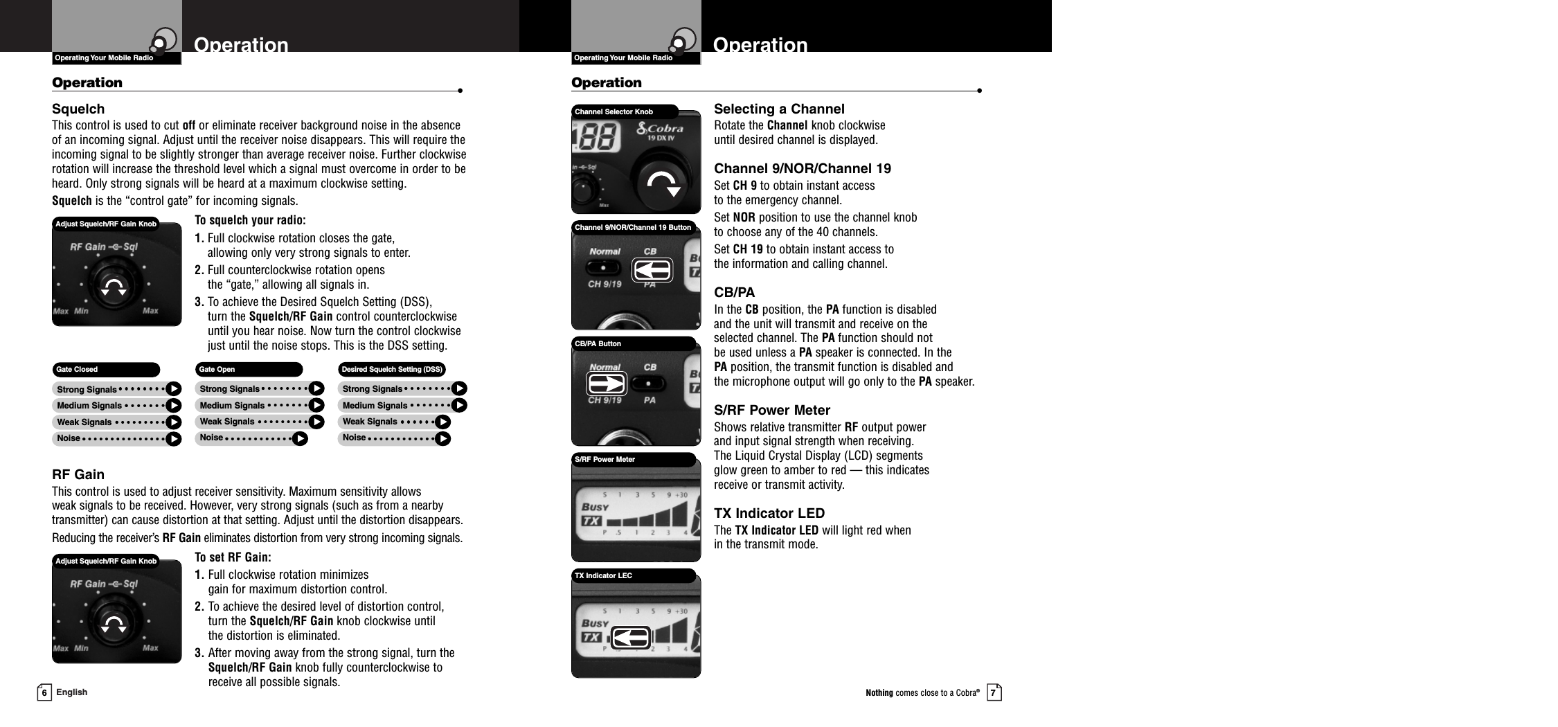 Operation •Selecting a ChannelRotate the Channel knob clockwise until desired channel is displayed.Channel 9/NOR/Channel 19Set CH 9 to obtain instant access to the emergency channel. Set NOR position to use the channel knob to choose any of the 40 channels.Set CH 19 to obtain instant access to the information and calling channel.CB/PAIn the CB position, the PA function is disabled and the unit will transmit and receive on the selected channel. The PA function should not be used unless a PA speaker is connected. In the PA position, the transmit function is disabled and the microphone output will go only to the PA speaker.S/RF Power MeterShows relative transmitter RF output power and input signal strength when receiving. The Liquid Crystal Display (LCD) segments glow green to amber to red — this indicates receive or transmit activity.TX Indicator LEDThe TX Indicator LED will light red when in the transmit mode.7Nothing comes close to a Cobra®6EnglishOperation •SquelchThis control is used to cut off or eliminate receiver background noise in the absenceof an incoming signal. Adjust until the receiver noise disappears. This will require theincoming signal to be slightly stronger than average receiver noise. Further clockwiserotation will increase the threshold level which a signal must overcome in order to beheard. Only strong signals will be heard at a maximum clockwise setting.Squelch is the “control gate” for incoming signals.To squelch your radio:1. Full clockwise rotation closes the gate, allowing only very strong signals to enter.2. Full counterclockwise rotation opens the “gate,” allowing all signals in.3. To achieve the Desired Squelch Setting (DSS), turn the Squelch/RF Gain control counterclockwiseuntil you hear noise. Now turn the control clockwise just until the noise stops. This is the DSS setting.RF GainThis control is used to adjust receiver sensitivity. Maximum sensitivity allows weak signals to be received. However, very strong signals (such as from a nearbytransmitter) can cause distortion at that setting. Adjust until the distortion disappears.Reducing the receiver’s RF Gain eliminates distortion from very strong incoming signals.To set RF Gain:1. Full clockwise rotation minimizes gain for maximum distortion control.2. To achieve the desired level of distortion control,turn the Squelch/RF Gain knob clockwise until the distortion is eliminated.3. After moving away from the strong signal, turn theSquelch/RF Gain knob fully counterclockwise toreceive all possible signals.Channel Selector KnobChannel 9/NOR/Channel 19 ButtonCB/PA ButtonS/RF Power MeterTX Indicator LECOperating Your Mobile Radio OperationOperationOperating Your Mobile RadioAdjust Squelch/RF Gain KnobAdjust Squelch/RF Gain KnobGate ClosedStrong SignalsMedium SignalsWeak SignalsNoiseGate OpenStrong SignalsMedium SignalsWeak SignalsNoiseDesired Squelch Setting (DSS)Strong SignalsMedium SignalsWeak SignalsNoise