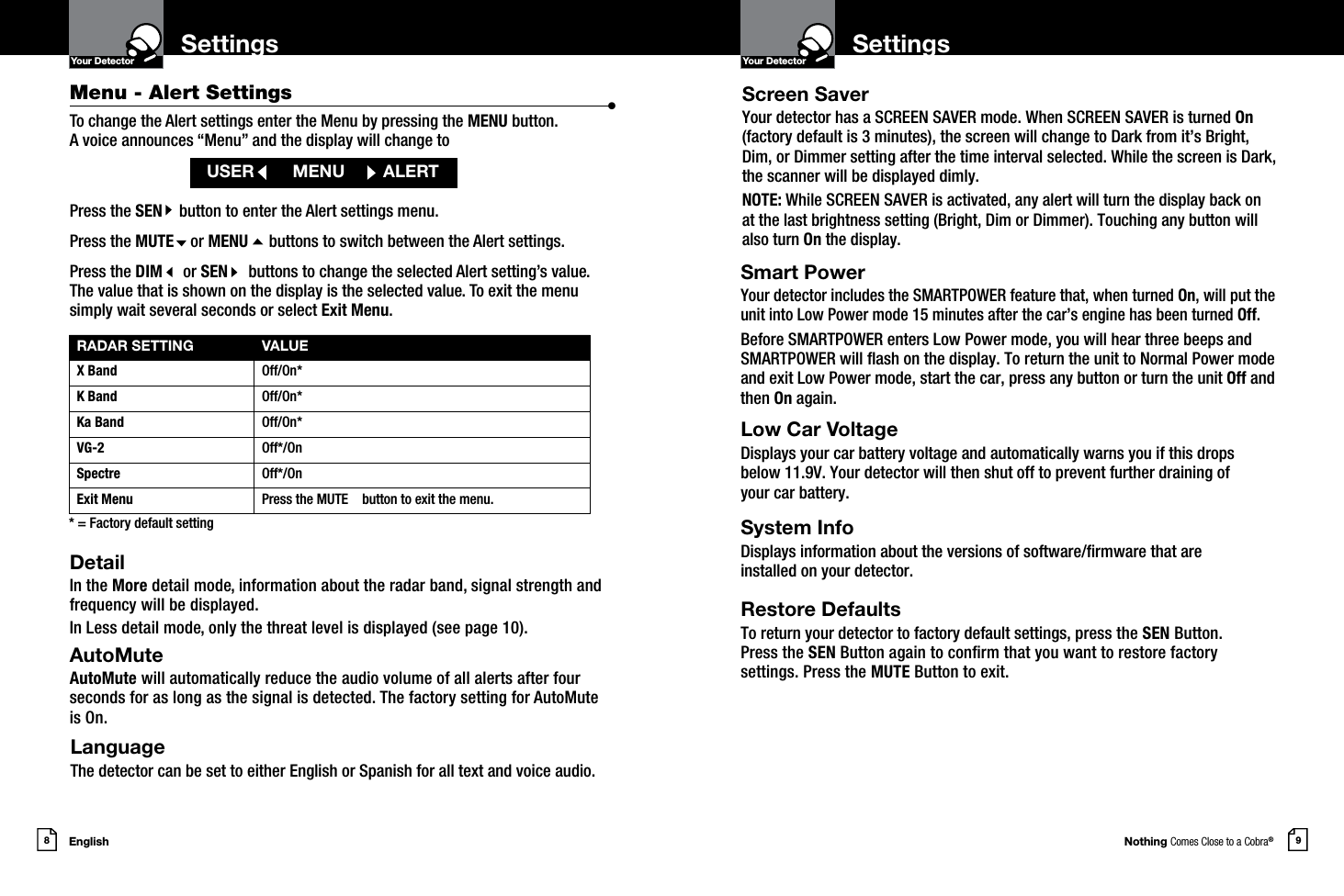 Nothing Comes Close to a Cobra®English8 9Settings SettingsYour DetectorIntro Operation CustomerAssistanceWarrantyNoticeMain IconsSecondary IconsYour DetectorIntro Operation CustomerAssistanceWarrantyNoticeMain IconsSecondary IconsDetailIn the More detail mode, information about the radar band, signal strength and frequency will be displayed.In Less detail mode, only the threat level is displayed (see page 10).AutoMuteAutoMute will automatically reduce the audio volume of all alerts after four seconds for as long as the signal is detected. The factory setting for AutoMute is On.RADAR SETTING VALUEX Band Off/On*K Band  Off/On*Ka Band  Off/On*VG-2  Off*/OnSpectre  Off*/OnExit Menu Press the MUTE    button to exit the menu.* = Factory default settingLanguageThe detector can be set to either English or Spanish for all text and voice audio.Screen SaverYour detector has a SCREEN SAVER mode. When SCREEN SAVER is turned On  (factory default is 3 minutes), the screen will change to Dark from it’s Bright, Dim, or Dimmer setting after the time interval selected. While the screen is Dark, the scanner will be displayed dimly.NOTE: While SCREEN SAVER is activated, any alert will turn the display back on at the last brightness setting (Bright, Dim or Dimmer). Touching any button will also turn On the display. Smart PowerYour detector includes the SMARTPOWER feature that, when turned On, will put the unit into Low Power mode 15 minutes after the car’s engine has been turned Off.Before SMARTPOWER enters Low Power mode, you will hear three beeps and SMARTPOWER will ash on the display. To return the unit to Normal Power mode and exit Low Power mode, start the car, press any button or turn the unit Off and then On again.  Low Car VoltageDisplays your car battery voltage and automatically warns you if this drops  below 11.9V. Your detector will then shut off to prevent further draining of  your car battery.System InfoDisplays information about the versions of software/rmware that are installed on your detector. Restore DefaultsTo return your detector to factory default settings, press the SEN Button.  Press the SEN Button again to conrm that you want to restore factory  settings. Press the MUTE Button to exit.Menu - Alert Settings  •To change the Alert settings enter the Menu by pressing the MENU button.  A voice announces “Menu” and the display will change toPress the SEN    button to enter the Alert settings menu.Press the MUTE    or MENU     buttons to switch between the Alert settings.Press the DIM     or SEN     buttons to change the selected Alert setting’s value.  The value that is shown on the display is the selected value. To exit the menu  simply wait several seconds or select Exit Menu.USER        MENU        ALERT