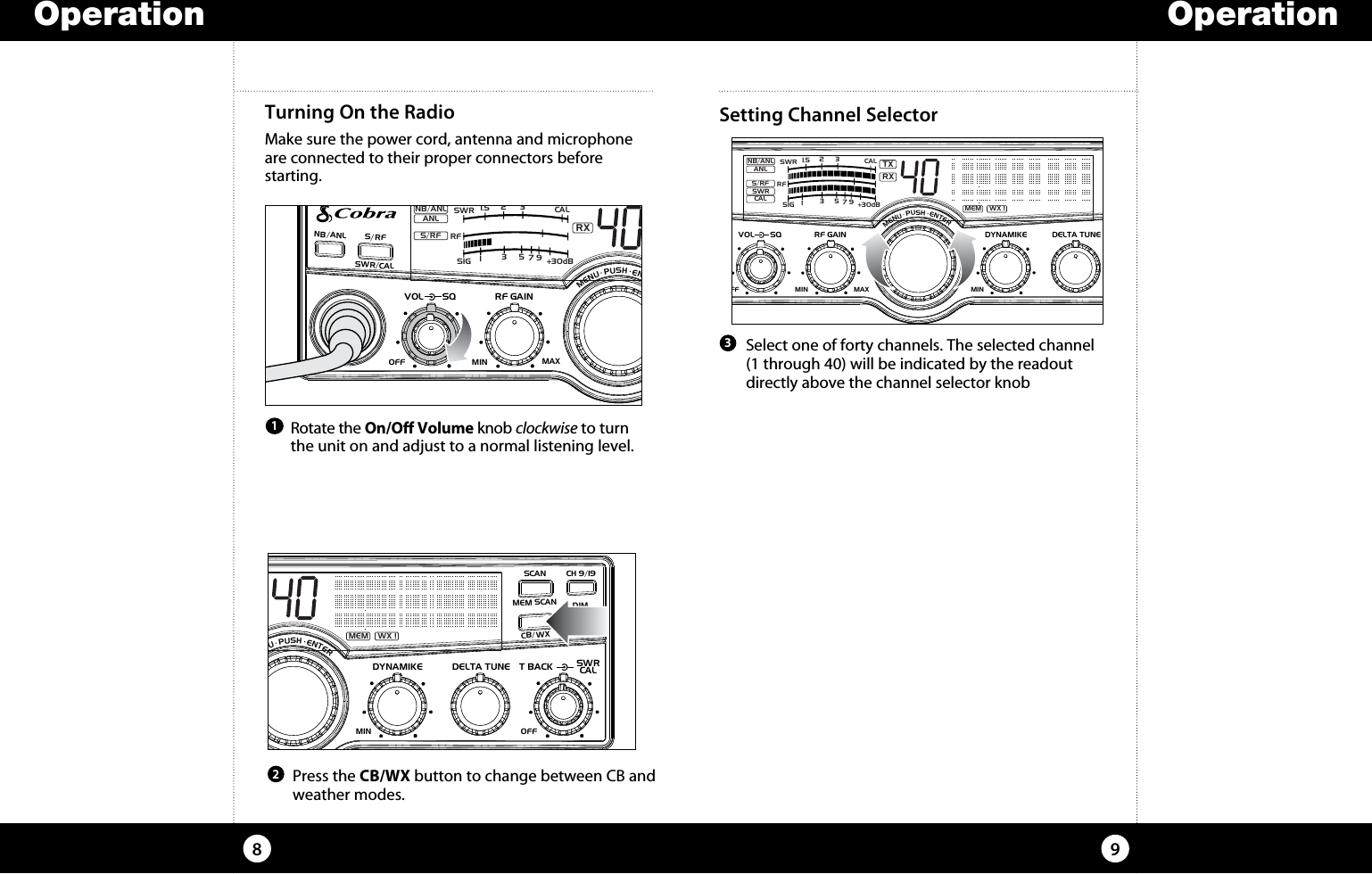   Press the CB/WX button to change between CB and weather modes. Operation9Operation8Turning On the Radio Make sure the power cord, antenna and microphone are connected to their proper connectors before  starting. Setting Channel Selector 1SIGRF+30dB11.5 23CAL3579SWR TXRXNB/ANLMEM WX !ANLS/RFSWRCALNB/ANL S/ RFSWR/CALESCMEM SCANSCAN CH 9/19DIMCB/WXMENU  PUSH  ENTERVOLDYNAMIKERF GAINDELTA TUNE T BACK SWRCALOFF MINMIN OFFMAXSQ2  Rotate the On/Off Volume knob clockwise to turn the unit on and adjust to a normal listening level.  Select one of forty channels. The selected channel (1 through 40) will be indicated by the readout directly above the channel selector knob3SIGRF+30dB11.5 23CAL3579SWR TXRXNB/ANLMEM WX !ANLS/RFSWRCALNB/ANL S/ RFSWR/CALESCMEM SCANSCAN CH 9/19DIMCB/WXMENU  PUSH  ENTERVOL DYNAMIKERF GAIN DELTA TUNET BACK SWRCALOFFMIN MINOFFMAXSQSIGRF+30dB11.5 23CAL3579SWRRXNB/ANLMEM WX !ANLS/RFNB/ANL S/ RFSWR/CALESCMEM SCANSCAN CH 9/19DIMCB/WXMENU  PUSH  ENTERVOLDYNAMIKERF GAINDELTA TUNE T BACK SWRCALOFF MINMIN OFFMAXSQ