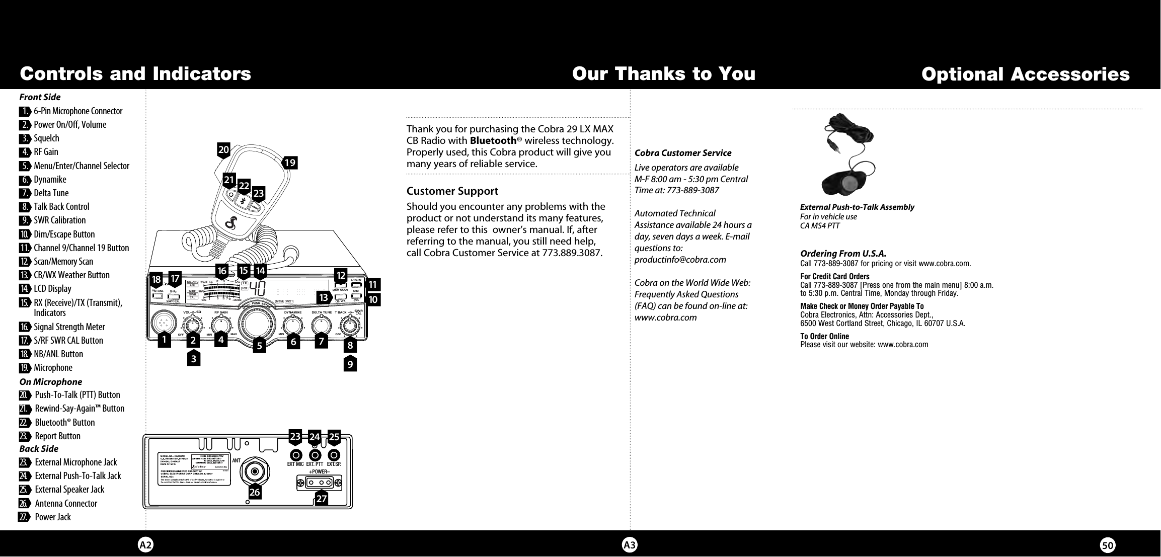 SIGRF+30dB11.5 23CAL3579SWR TXRXNB/ANLMEM WX !ANLS/RFSWRCALNB/ANL S/RFSWR/CALESCMEM SCANSCAN CH 9/19DIMCB/WXMENU  PUSH  ENTERVOL DYNAMIKERF GAIN DELTA TUNE T BACK SWRCALOFF MIN MIN OFFMAXSQThank you for purchasing the Cobra 29 LX MAX CB Radio with Bluetooth® wireless technology. Properly used, this Cobra product will give you many years of reliable service.Customer SupportShould you encounter any problems with the product or not understand its many features, please refer to this  owner’s manual. If, after  referring to the manual, you still need help, call Cobra Customer Service at 773.889.3087.Controls and IndicatorsCobra Customer ServiceLive operators are available  M-F 8:00 am - 5:30 pm Central Time at: 773-889-3087 Automated Technical Assistance available 24 hours a day, seven days a week. E-mail questions to:  productinfo@cobra.comCobra on the World Wide Web:Frequently Asked Questions (FAQ) can be found on-line at:www.cobra.comOur Thanks to YouA3A21.  6-Pin Microphone  Connector2.  Power On/Off, Volume3. Squelch4.  RF Gain5.  Menu/Enter/Channel Selector6.  Dynamike7.  Delta Tune8.  Talk Back Control9.  SWR Calibration10.    Dim/Escape  Button11.  Channel 9/Channel 19 Button12.  Scan/Memory Scan13.  CB/WX Weather Button14.   LCD  Display15.   RX (Receive)/TX (Transmit),  Indicators16.   Signal Strength Meter17.   S/RF SWR CAL Button 18.   NB/ANL Button19.  MicrophoneOn Microphone20.  Push-To-Talk (PTT) Button21.  Rewind-Say-Again™ Button22.  Bluetooth® Button23.  Report ButtonBack Side23.  External Microphone Jack24.  External Push-To-Talk Jack25.   External Speaker Jack26.   Antenna Connector27.   Power Jack23478101214151619ANT EXT MIC  EXT. PTT   EXT.SP.                 +POWER–65111131820212726950Optional AccessoriesOrdering From U.S.A.Call 773-889-3087 for pricing or visit www.cobra.com.For Credit Card Orders  Call 773-889-3087 [Press one from the main menu] 8:00 a.m.  to 5:30 p.m. Central Time, Monday through Friday.Make Check or Money Order Payable To  Cobra Electronics, Attn: Accessories Dept.,  6500 West Cortland Street, Chicago, IL 60707 U.S.A.To Order Online Please visit our website: www.cobra.comFront Side24External Push-to-Talk AssemblyFor in vehicle useCA MS4 PTT 1722252323
