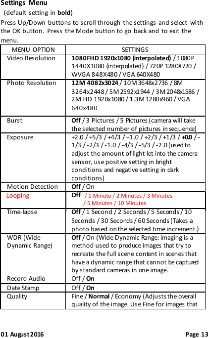 01 August 2016                                              Page 13 Settings  Menu   (default setting in bold) Press Up/Down buttons to scroll through the settings and select  with the OK button.  Press the Mode button to go back and  to exit the menu.  MENU  OPTION  SETTINGS Video Resolution  1080FHD 1920x1080 (interpolated) / 1080P 1440X1080 (interpolated) / 720P 1280X720 / WVGA 848X480 / VGA 640X480 Photo Resolution  12M 4082x3024 / 10M 3648x2736 / 8M 3264x2448 / 5M 2592x1944 / 3M 2048x1586 / 2M HD 1920x1080 / 1.3M 1280x960 / VGA 640x480 Burst  Off / 3 Pictures / 5 Pictures (camera will take the selected number of pictures in sequence) Exposure  +2.0 / +5/3 / +4/3 / +1.0 / +2/3 / +1/3 / +0.0 / -1/3 / -2/3 / -1.0 / -4/3 / -5/3 / -2.0 (used to adjust the amount of light let into the camera sensor, use positive setting in bright conditions and negative setting in dark conditions) Motion Detection  Off / On  Off   Time-lapse Off / 1 Second / 2 Seconds / 5 Seconds / 10 Seconds / 30 Seconds / 60 Seconds (Takes a photo based on the selected time increment.) WDR (Wide Dynamic Range) Off / On (Wide Dynamic Range: imaging is a method used to produce images that try to recreate the full scene content in scenes that have a dynamic range that cannot be captured by standard cameras in one image. Record Audio Off / On Date Stamp Off / On Quality Fine / Normal / Economy (Adjusts the overall quality of the image. Use Fine for images that / 1 Minute / 2 Minutes / 3 Minutes / 5 Minutes / 10 Minutes Looping