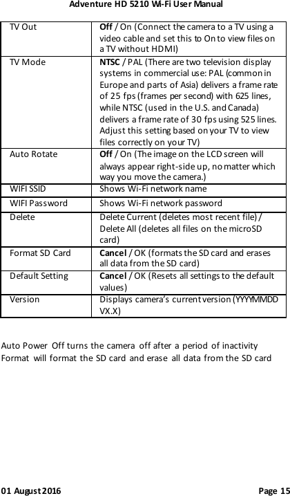 Adventure HD 5210 Wi -Fi User Manual 01 August 2016                                              Page 15 TV Out  Off / On (Connect the camera to a TV using a video cable and set this to On to view files on a TV without HDMI) TV Mode  NTSC / PAL (There are two television display systems in commercial use: PAL (common in Europe and parts of Asia) delivers a frame rate of 25 fps (frames per second) with 625 lines, while NTSC (used in the U.S. and Canada) delivers a frame rate of 30 fps using 525 lines. Adjust this setting based on your TV to view files correctly on your TV) Auto Rotate  Off / On (The image on the LCD screen will always appear right-side up, no matter which way you move the camera.) WIFI SSID  Shows Wi-Fi network name WIFI Password  Shows Wi-Fi network password   Delete  Delete Current (deletes most recent file) / Delete All (deletes all files on the microSD card) Format SD Card  Cancel / OK (formats the SD card and erases all data from the SD card) Default Setting  Cancel / OK (Resets all settings to the default values) Version  Displays camera’s current version (YYYYMMDD VX.X)  Auto Power  Off turns the camera  off after a period of inactivity Format  will format the SD card and erase  all data from the SD card     