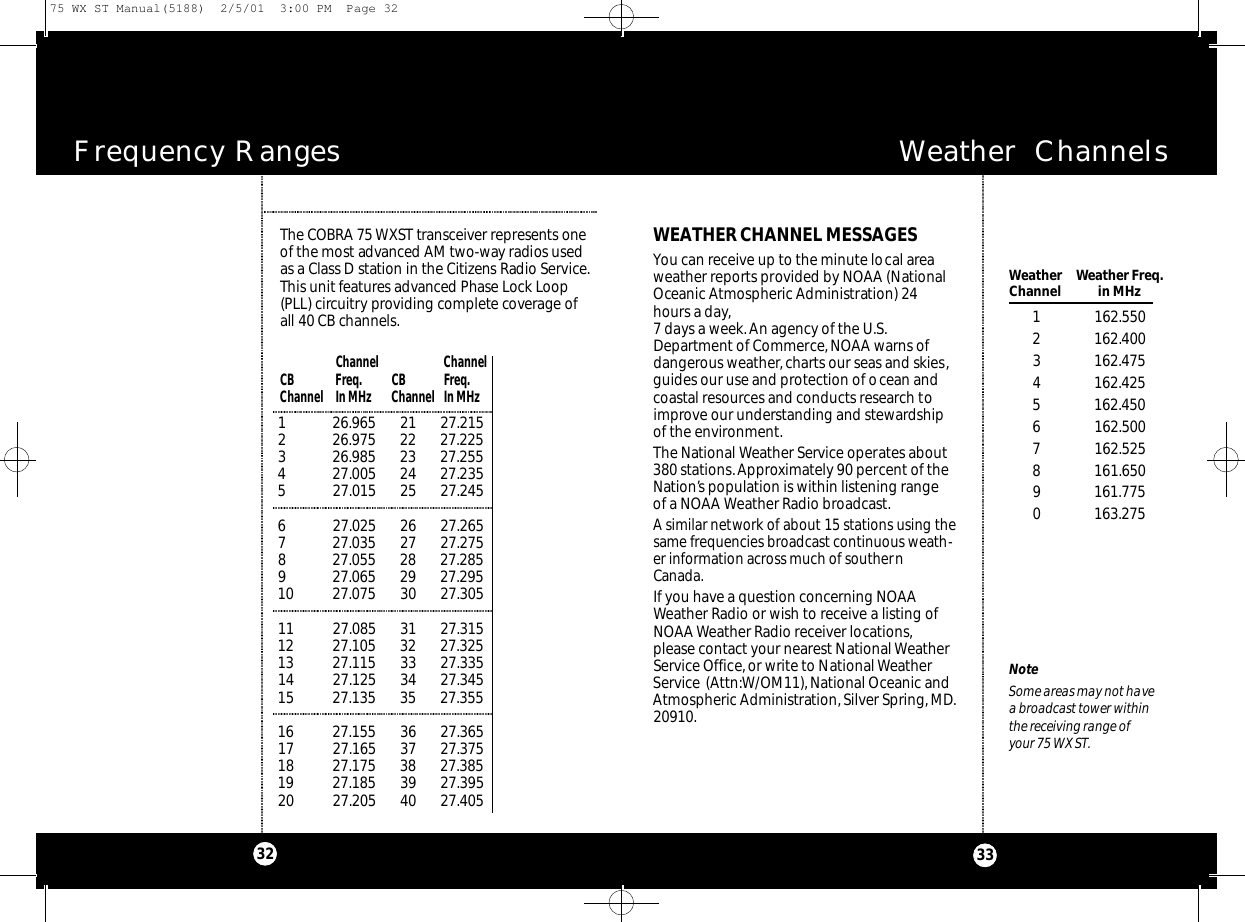 WEATHER CHANNEL MESSAGESYou can receive up to the minute local areaweather reports provided by NOAA (NationalOceanic Atmospheric Administration) 24hours a day,7 days a week. An agency of the U.S.Department of Commerce, NOAA warns ofdangerous weather,charts our seas and skies,guides our use and protection of ocean andcoastal resources and conducts research toimprove our understanding and stewardshipof the environment.The National Weather Service operates about380 stations.Approximately 90 percent of theNation’s population is within listening rangeof a NOAA Weather Radio broadcast.A similar network of about 15 stations using thesame frequencies broadcast continuous weath-er information across much of southernCanada.If you have a question concerning NOAAWeather Radio or wish to receive a listing ofNOAA Weather Radio receiver locations,please contact your nearest National WeatherService Office, or write to National WeatherService (Attn:W/OM11),National Oceanic andAtmospheric Administration,Silver Spring, MD.20910.Weather  Channels33Frequency Ranges32The CO B RA 75 WXST tra n s ce i ver re p re s e nts oneof the most adva n ced AM two - way radios usedas a Class D station in the Ci t i zens Radio Se rv i ce.This unit fe at u res adva n ced Phase Lock Loo p(PLL) circ u i t ry providing co m p l e te cove rage ofall 40 CB channels.Channel  ChannelCB Freq. CB  Freq.Channel In MHz Channel In MHzWeather Weather Freq.Channel in MHz1 162.5502 162.4003 162.4754 162.4255 162.4506 162.5007 162.5258 161.6509 161.7750 163.275NoteSome areas may not havea broadcast tower withinthe receiving range ofyour 75 WX ST.1 26.965 21 27.2152 26.975 22 27.2253 26.985 23 27.2554 27.005 24 27.2355 27.015 25 27.2456 27.025 26 27.2657 27.035 27 27.2758 27.055 28 27.2859 27.065 29 27.29510 27.075 30 27.30511 27.085 31 27.31512 27.105 32 27.32513 27.115 33 27.33514 27.125 34 27.34515 27.135 35 27.35516 27.155 36 27.36517 27.165 37 27.37518 27.175 38 27.38519 27.185 39 27.39520 27.205 40 27.40575 WX ST Manual(5188)  2/5/01  3:00 PM  Page 32