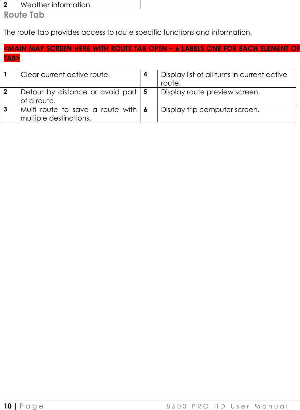  10 | P a g e    8 5 0 0   P R O   H D   U s e r   M a n u a l   2 Weather information. Route Tab The route tab provides access to route specific functions and information. &lt;MAIN MAP SCREEN HERE WITH ROUTE TAB OPEN – 6 LABELS ONE FOR EACH ELEMENT OF TAB&gt; 1 Clear current active route. 4 Display list of all turns in current active route.  2 Detour  by  distance  or  avoid  part of a route. 5 Display route preview screen. 3 Multi  route  to  save  a  route  with multiple destinations. 6 Display trip computer screen.              