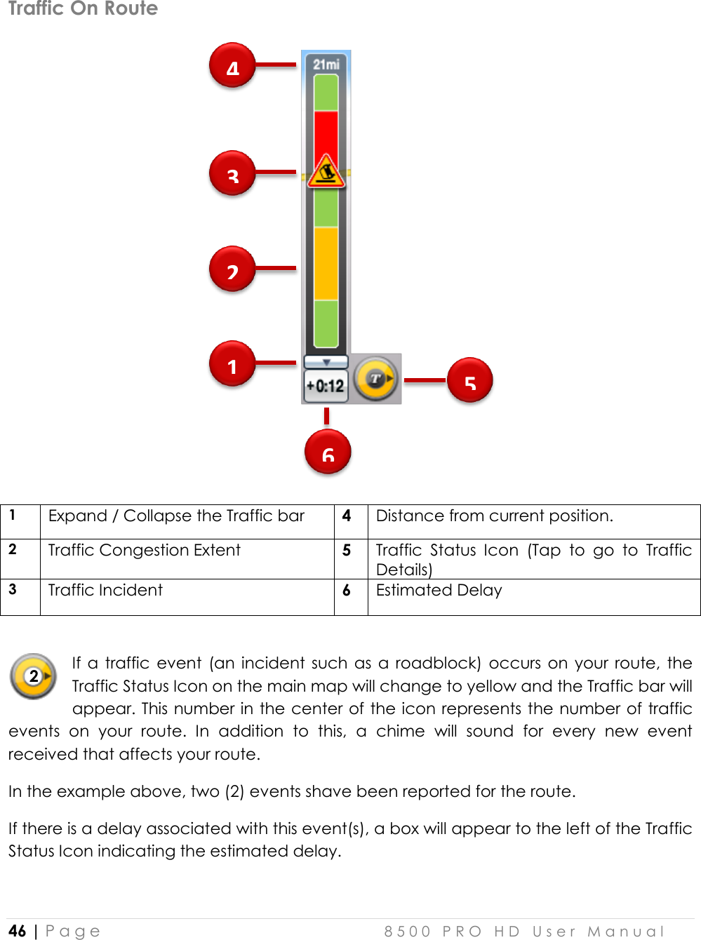  46 | P a g e    8 5 0 0   P R O   H D   U s e r   M a n u a l   Traffic On Route  1 Expand / Collapse the Traffic bar 4 Distance from current position.  2 Traffic Congestion Extent 5 Traffic  Status  Icon  (Tap  to  go  to  Traffic Details) 3 Traffic Incident 6 Estimated Delay  If  a  traffic  event  (an incident  such  as  a  roadblock)  occurs  on  your  route,  the Traffic Status Icon on the main map will change to yellow and the Traffic bar will appear. This number in the center of the icon represents the number of traffic events  on  your  route.  In  addition  to  this,  a  chime  will  sound  for  every  new  event received that affects your route.  In the example above, two (2) events shave been reported for the route.  If there is a delay associated with this event(s), a box will appear to the left of the Traffic Status Icon indicating the estimated delay.  4 1 2 3 6 5 2 