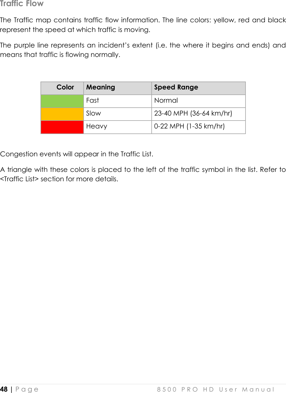  48 | P a g e    8 5 0 0   P R O   H D   U s e r   M a n u a l   Traffic Flow The Traffic map contains traffic flow information. The line colors: yellow, red and black represent the speed at which traffic is moving.  The purple line represents an incident’s extent (i.e. the where it begins and ends) and means that traffic is flowing normally.           Color  Meaning  Speed Range   Fast  Normal   Slow  23-40 MPH (36-64 km/hr)   Heavy   0-22 MPH (1-35 km/hr)   Congestion events will appear in the Traffic List.  A triangle with these colors is placed to the left of the traffic symbol in the list. Refer to &lt;Traffic List&gt; section for more details.      