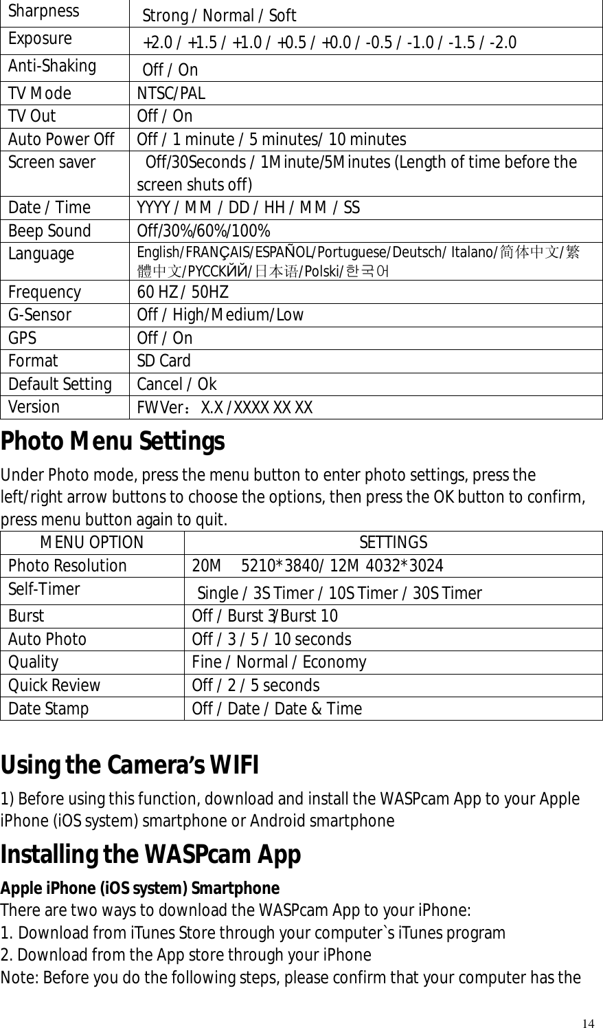   14 Sharpness  Strong / Normal / Soft Exposure  +2.0 / +1.5 / +1.0 / +0.5 / +0.0 / -0.5 / -1.0 / -1.5 / -2.0 Anti-Shaking  Off / On TV Mode   NTSC/PAL TV Out  Off / On Auto Power Off Off / 1 minute / 5 minutes/ 10 minutes Screen saver   Off/30Seconds / 1Minute/5Minutes (Length of time before the screen shuts off) Date / Time  YYYY / MM / DD / HH / MM / SS Beep Sound  Off/30%/60%/100% Language  English/FRANÇAIS/ESPAÑOL/Portuguese/Deutsch/ Italano/简体中文/繁體中文/PYCCKЙЙ/日本语/Polski/한국어 Frequency  60 HZ / 50HZ G-Sensor  Off / High/Medium/Low GPS  Off / On Format  SD Card Default Setting  Cancel / Ok Version  FWVer：X.X /XXXX XX XX Photo Menu Settings Under Photo mode, press the menu button to enter photo settings, press the left/right arrow buttons to choose the options, then press the OK button to confirm, press menu button again to quit. MENU OPTION  SETTINGS Photo Resolution  20M  5210*3840/ 12M 4032*3024 Self-Timer  Single / 3S Timer / 10S Timer / 30S Timer  Burst  Off / Burst 3/Burst 10 Auto Photo Off / 3 / 5 / 10 seconds Quality   Fine / Normal / Economy Quick Review Off / 2 / 5 seconds Date Stamp  Off / Date / Date &amp; Time  Using the Camera’s WIFI   1) Before using this function, download and install the WASPcam App to your Apple iPhone (iOS system) smartphone or Android smartphone Installing the WASPcam App    Apple iPhone (iOS system) Smartphone There are two ways to download the WASPcam App to your iPhone: 1. Download from iTunes Store through your computer`s iTunes program 2. Download from the App store through your iPhone Note: Before you do the following steps, please confirm that your computer has the 