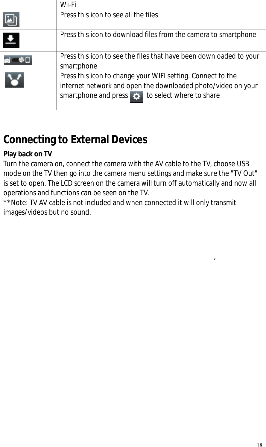   18 Wi-Fi  Press this icon to see all the files  Press this icon to download files from the camera to smartphone    Press this icon to see the files that have been downloaded to your smartphone   Press this icon to change your WIFI setting. Connect to the internet network and open the downloaded photo/video on your smartphone and press     to select where to share    Connecting to External Devices   Play back on TV Turn the camera on, connect the camera with the AV cable to the TV, choose USB mode on the TV then go into the camera menu settings and make sure the &quot;TV Out&quot; is set to open. The LCD screen on the camera will turn off automatically and now all operations and functions can be seen on the TV.   **Note: TV AV cable is not included and when connected it will only transmit images/videos but no sound.                                                ’                                                                                     