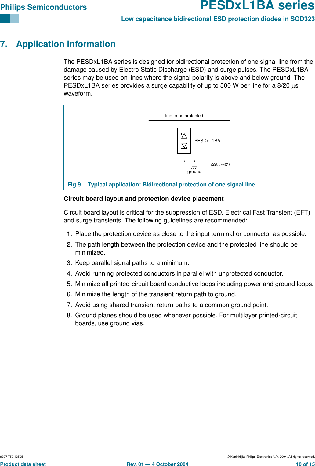 9397 750 13595 © Koninklijke Philips Electronics N.V. 2004. All rights reserved.Product data sheet Rev. 01 — 4 October 2004 10 of 15Philips Semiconductors PESDxL1BA seriesLow capacitance bidirectional ESD protection diodes in SOD3237. Application informationThe PESDxL1BA series is designed for bidirectional protection of one signal line from thedamage caused by Electro Static Discharge (ESD) and surge pulses. The PESDxL1BAseries may be used on lines where the signal polarity is above and below ground. ThePESDxL1BA series provides a surge capability of up to 500 W per line for a 8/20 µswaveform.Circuit board layout and protection device placementCircuit board layout is critical for the suppression of ESD, Electrical Fast Transient (EFT)and surge transients. The following guidelines are recommended:1. Place the protection device as close to the input terminal or connector as possible.2. The path length between the protection device and the protected line should beminimized.3. Keep parallel signal paths to a minimum.4. Avoid running protected conductors in parallel with unprotected conductor.5. Minimize all printed-circuit board conductive loops including power and ground loops.6. Minimize the length of the transient return path to ground.7. Avoid using shared transient return paths to a common ground point.8. Ground planes should be used whenever possible. For multilayer printed-circuitboards, use ground vias.Fig 9. Typical application: Bidirectional protection of one signal line.006aaa071groundPESDxL1BAline to be protected