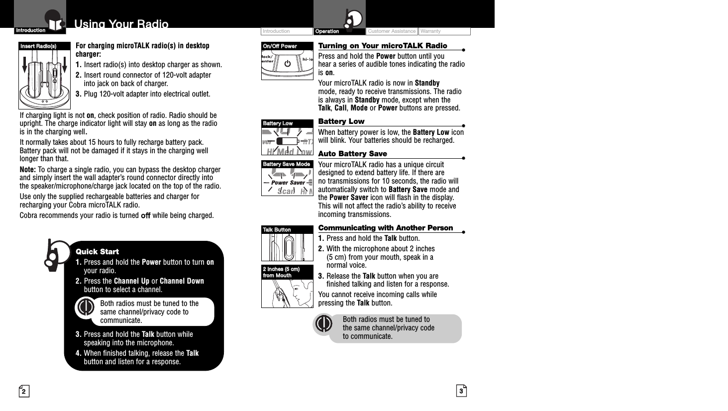 3322For charging microTALK radio(s) in desktopcharger:1. Insert radio(s) into desktop charger as shown. 2. Insert round connector of 120-volt adapterinto jack on back of charger.3. Plug 120-volt adapter into electrical outlet.If charging light is not on, check position of radio. Radio should beupright. The charge indicator light will stay on as long as the radiois in the charging well.It normally takes about 15 hours to fully recharge battery pack. Battery pack will not be damaged if it stays in the charging welllonger than that.  Note: To charge a single radio, you can bypass the desktop chargerand simply insert the wall adapter’s round connector directly intothe speaker/microphone/charge jack located on the top of the radio.Use only the supplied rechargeable batteries and charger forrecharging your Cobra microTALK radio.Cobra recommends your radio is turned ooffffwhile being charged.Turning on Your microTALK Radio ••Press and hold the Power button until you hear a series of audible tones indicating the radiois on.Your microTALK radio is now in Standby mode, ready to receive transmissions. The radiois always in Standby mode, except when theTalk, Call,Mode or Power buttons are pressed.Battery Low ••When battery power is low, the Battery Low iconwill blink. Your batteries should be recharged.Auto Battery Save ••Your microTALK radio has a unique circuitdesigned to extend battery life. If there are no transmissions for 10 seconds, the radio willautomatically switch to Battery Save mode andthe Power Saver icon will flash in the display.This will not affect the radio’s ability to receiveincoming transmissions.Communicating with Another Person ••1. Press and hold the Talk button.2. With the microphone about 2 inches (5 cm) from your mouth, speak in a normal voice.3. Release the Talk button when you are finished talking and listen for a response.You cannot receive incoming calls while pressing the Talk button.Both radios must be tuned to the same channel/privacy code to communicate.IInnttrroodduuccttiioonnUUssiinngg  YYoouurr  RRaaddiiooCustomer Assistance WarrantyIntroduction OOppeerraattiioonnIInnsseerrtt  RRaaddiioo((ss))OOnn//OOffff  PPoowweerrBBaatttteerryy  LLoowwBBaatttteerryy  SSaavvee  MMooddeeTTaallkk  BBuuttttoonn22  IInncchheess  ((55  ccmm))ffrroomm  MMoouutthhQuick Start1. Press and hold the Power button to turn onyour radio.2. Press the Channel Up or Channel Downbutton to select a channel.Both radios must be tuned to the same channel/privacy code tocommunicate.3. Press and hold the Talk button while speaking into the microphone.4. When finished talking, release the Talkbutton and listen for a response.