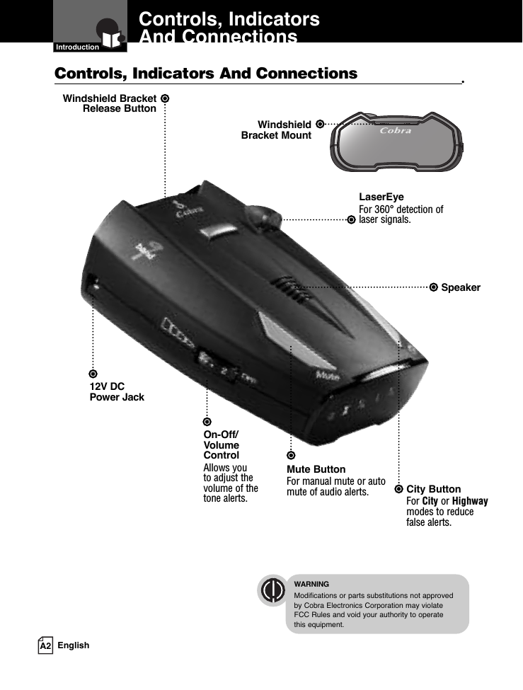 Controls, IndicatorsAnd Connections  IntroductionA2 EnglishControls, Indicators And Connections •12V DCPower JackOn-Off/VolumeControlAllows you to adjust thevolume of thetone alerts. City Button For City or Highwaymodes to reducefalse alerts.LaserEye For 360° detection of laser signals.Windshield Bracket Release ButtonSpeakerMute ButtonFor manual mute or automute of audio alerts. WindshieldBracket Mount  WARNINGModifications or parts substitutions not approved by Cobra Electronics Corporation may violate FCC Rules and void your authority to operate this equipment.