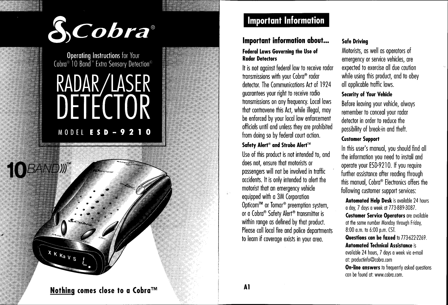 Cobra Electronics ESD9210 Radar/ Laser Detector User Manual users manual