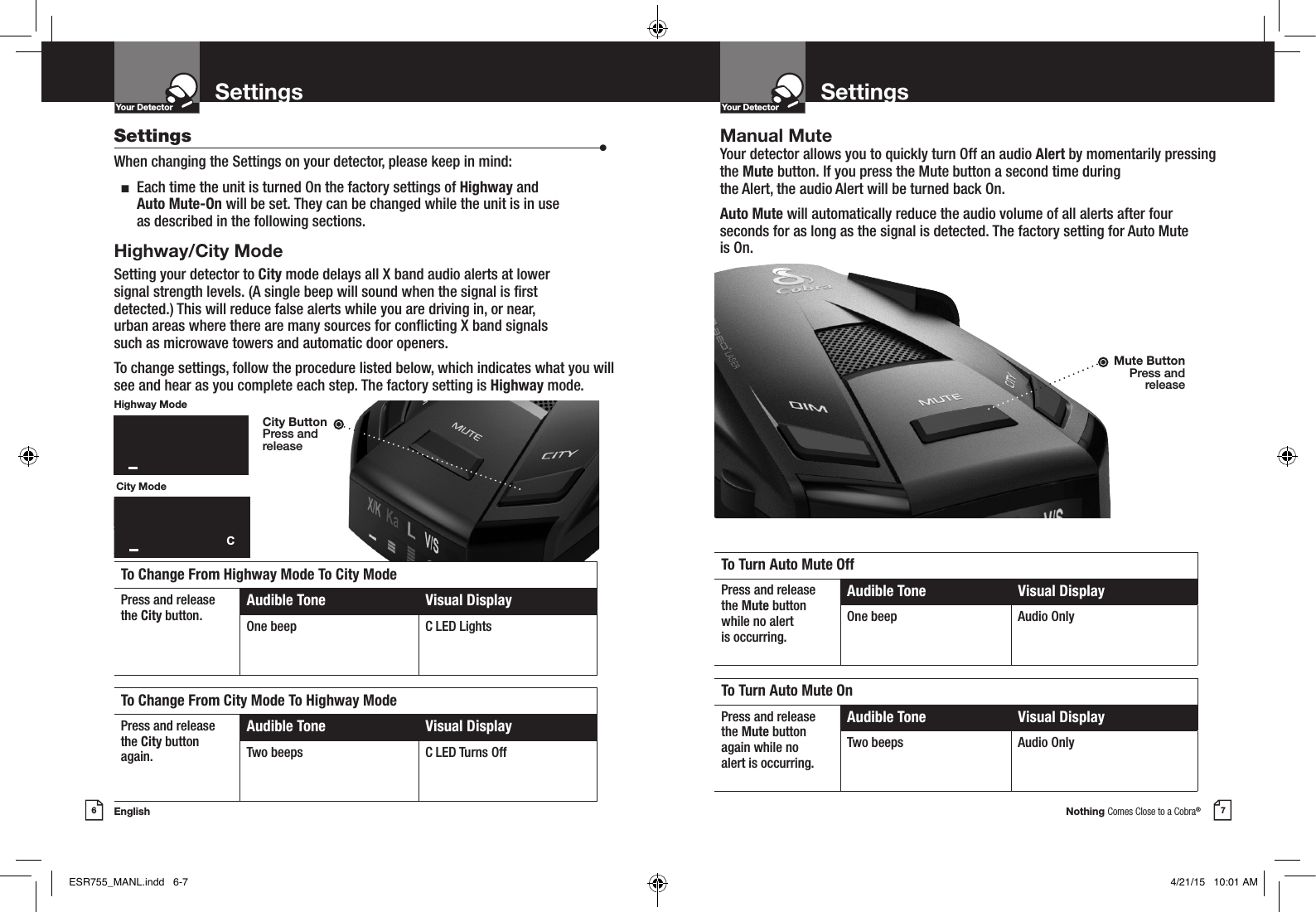 Nothing Comes Close to a Cobra®English6 7Settings SettingsYour DetectorIntro Operation CustomerAssistanceWarrantyNoticeMain IconsSecondary IconsYour DetectorIntro Operation CustomerAssistanceWarrantyNoticeMain IconsSecondary IconsSettings  •When changing the Settings on your detector, please keep in mind:  n   Each time the unit is turned On the factory settings of Highway and  Auto Mute-On will be set. They can be changed while the unit is in use  as described in the following sections.Highway/City ModeSetting your detector to City mode delays all X band audio alerts at lower  signal strength levels. (A single beep will sound when the signal is rst  detected.) This will reduce false alerts while you are driving in, or near,  urban areas where there are many sources for conicting X band signals  such as microwave towers and automatic door openers.To change settings, follow the procedure listed below, which indicates what you will see and hear as you complete each step. The factory setting is Highway mode.Manual Mute Your detector allows you to quickly turn Off an audio Alert by momentarily pressing the Mute button. If you press the Mute button a second time during  the Alert, the audio Alert will be turned back On.Auto Mute will automatically reduce the audio volume of all alerts after four seconds for as long as the signal is detected. The factory setting for Auto Mute  is On.City ModeHighway ModeTo Change From Highway Mode To City ModePress and releasethe City button.Audible Tone Visual DisplayOne beep C LED LightsTo Turn Auto Mute OffPress and releasethe Mute buttonwhile no alertis occurring.Audible Tone Visual DisplayOne beep Audio OnlyTo Change From City Mode To Highway ModePress and releasethe City button again.Audible Tone Visual DisplayTwo beeps C LED Turns OffTo Turn Auto Mute OnPress and releasethe Mute buttonagain while noalert is occurring.Audible Tone Visual DisplayTwo beeps Audio OnlyX/K Ka L V/SlzzzzzzzzCX/KKaLV/SlzzzzzzzzCity ButtonPress and releaseMute ButtonPress and releaseESR755_MANL.indd   6-7 4/21/15   10:01 AM