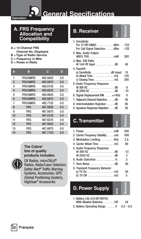 20 FrançaisGeneral SpecificationsNominalUnitNominalUnitOperationC.Transmitter1. Power . . . . . . . . . . . . . . . . . . . . mW  5002. Carrier Frequency Stability . . . . . ±Hz  5003. Modulation Limiting . . . . . . . . . KHz  2.54. Carrier Attack Time . . . . . . . . . . mS  805. Audio Frequency Response@ 300 HZ . . . . . . . . . . . . . . . . . dB -12@ 2500 HZ . . . . . . . . . . . . . . . . dB 36. Audio Distortion  . . . . . . . . . . . . %  37. Hum Noise  . . . . . . . . . . . . . . . . dB  308. Transient Frequency Behaviora) TX On  . . . . . . . . . . . . . . . . . mS  30b) TX Off  . . . . . . . . . . . . . . . . . mS  5B. Receiver1. SensitivityFor 12 DB SINAD . . . . . . . . . . . dBm -122For Call Signal Detection . . . . . dBm  -1222. Max. Audio Output @1 0 % T H D   . . . . . . . . . . . . . . . . mW 3503. Max. S/N Ratio @ 1mV RF Input  . . . . . . . . . . . . dB  404. Squelcha) Sensitivity . . . . . . . . . . . . . dB sinad 10b) Attack Time . . . . . . . . . . . . . . mS  120c) Closing Time . . . . . . . . . . . . . mS  2005. Audio Frequency Response@ 300 HZ  . . . . . . . . . . . . . . . . . dB  -3@ 2500 HZ  . . . . . . . . . . . . . . . . dB  -106. Signal Displacement BW  . . . . +/-KHz 67. Adjacent Channel Rejection  . . . . dB  508. Intermodulation Rejection  . . . . . dB  659. Spurious Response Rejection . . . . dB  55D. Power Supply1. Battery Life (5:5:90 RATIO)With Alkaline Batteries  . . . . . . . HR  242. Battery Operating Range . . . . . . V 4.2 – 6.0NominalUnitA. FRS Frequency Allocation andCompatibilityA = 14 Channel FRSChannel No. DisplayedB = Type of Radio ServiceC = Frequency in MHzD = Power in WattsAB CD1 FRS/GMRS 462.5625 0.52 FRS/GMRS 462.5875 0.53 FRS/GMRS 462.6125 0.54 FRS/GMRS 462.6375 0.55 FRS/GMRS 462.6625 0.56 FRS/GMRS 462.6875 0.57 FRS/GMRS 462.7125 0.58 FRS 467.5625 0.59 FRS 467.5875 0.510 FRS 467.6125 0.511 FRS 467.6375 0.512 FRS 467.6625 0.513 FRS 467.6875 0.514 FRS 467.7125 0.5The Cobra®line of quality products includes:CB Radios, microTALK®Radios, Radar/Laser Detectors,Safety Alert®Traffic WarningSystems, Accessories, GPS(Global Positioning System), HighGear™Accessories