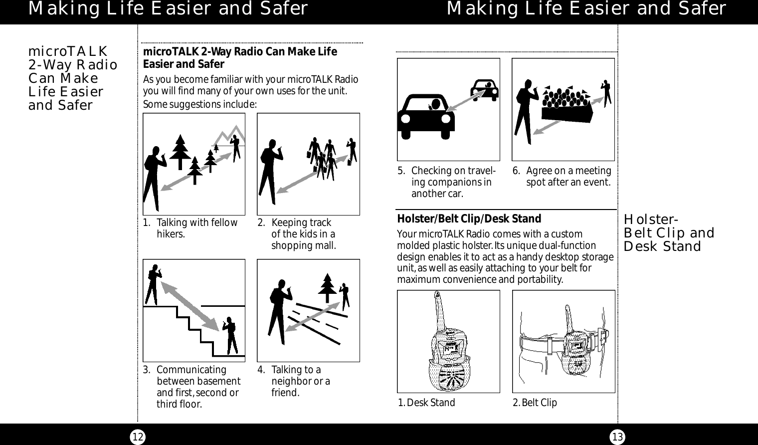 Making Life Easier and Safer5. Checking on travel-ing companions inanother car.6. Agree on a meetingspot after an event.Holster/Belt Clip/Desk StandYour micro TALK Radio comes with a custom molded plastic holste r.Its unique dual-funct i o ndesign enables it to act as a handy desktop sto ra g eu n i t,as well as easily attaching to your belt for maximum co nve n i e n ce and po rt a b i l i ty.Holster-Belt Clip andDesk Stand1.Desk Stand 2.Belt ClipMaking Life Easier and SafermicroTALK 2-Way Radio Can Make LifeEasier and SaferAs you be come familiar with your micro TALK Ra d i oyou will find many of your own uses for the unit.Some suggestions include:microTALK 2-Way RadioCan Make Life Easierand Safer1. Talking with fellowhikers. 2. Keeping track of the kids in a shopping mall.3. Communicatingbetween basementand first,second orthird floor.4. Talking to a neighbor or afriend.12 13