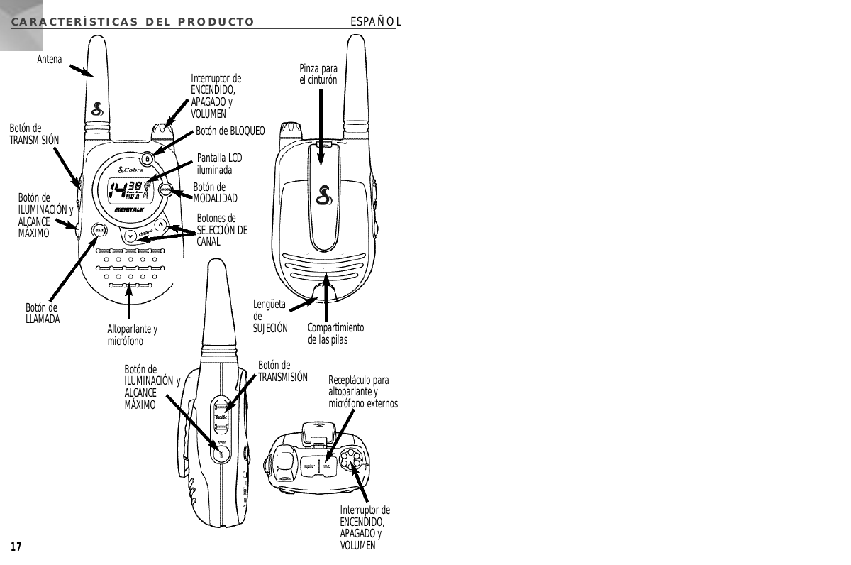 CARACTERÍSTICAS  DEL PRODUCT O ESPAÑOL17Interruptor deE N C E N D I D O,A PA G A D O yV O L U M E NPantalla LCDi l u m i n a d aBotón de B L O Q U E OBotón deM O D A L I D A DBotones deSELECCIÓN DEC A N A LAltoparlante ym i c r ó f o n oPinza parael cinturónBotón deL L A M A D ABotón deT R A N S M I S I Ó NBotón deI L U M I N A C I Ó N yA L C A N C EM Á X I M OBotón deI L U M I N A C I Ó Ny A L C A N C EM Á X I M OInterruptor deE N C E N D I D O ,A PA G A D OyV O L U M E NReceptáculo paraaltoparlante ymicrófono externosC o m p a r t i m i e n t ode las pilasL e n g ü e t ad eS U J E C I Ó NBotón deT R A N S M I S I Ó NA n t e n a