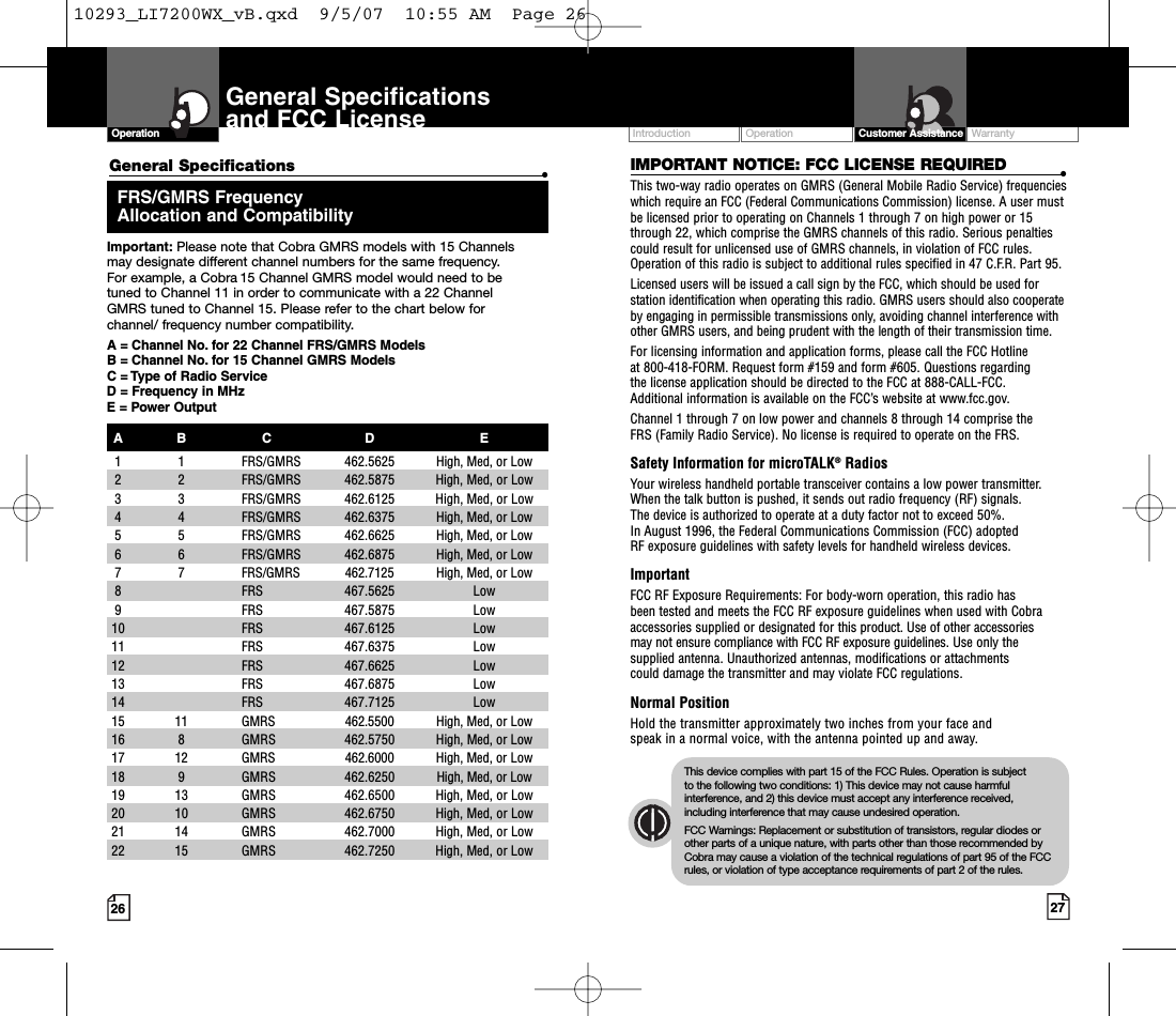 Operation WarrantyIntroduction27Intro Operation CustomerAssistanceWarrantyNoticeMain IconsSecondary IconsCustomer Assistance26General Specificationsand FCC LicenseIMPORTANT NOTICE: FCC LICENSE REQUIRED •This two-way radio operates on GMRS (General Mobile Radio Service) frequencieswhich require an FCC (Federal Communications Commission) license. A user mustbe licensed prior to operating on Channels 1 through 7 on high power or 15through 22, which comprise the GMRS channels of this radio. Serious penaltiescould result for unlicensed use of GMRS channels, in violation of FCC rules.Operation of this radio is subject to additional rules specified in 47 C.F.R. Part 95. Licensed users will be issued a call sign by the FCC, which should be used forstation identification when operating this radio. GMRS users should also cooperateby engaging in permissible transmissions only, avoiding channel interference withother GMRS users, and being prudent with the length of their transmission time. For licensing information and application forms, please call the FCC Hotline at 800-418-FORM. Request form #159 and form #605. Questions regarding the license application should be directed to the FCC at 888-CALL-FCC. Additional information is available on the FCC’s website at www.fcc.gov.Channel 1 through 7 on low power and channels 8 through 14 comprise the FRS (Family Radio Service). No license is required to operate on the FRS.Safety Information for microTALK®RadiosYour wireless handheld portable transceiver contains a low power transmitter.When the talk button is pushed, it sends out radio frequency (RF) signals. The device is authorized to operate at a duty factor not to exceed 50%. In August 1996, the Federal Communications Commission (FCC) adopted RF exposure guidelines with safety levels for handheld wireless devices. ImportantFCC RF Exposure Requirements: For body-worn operation, this radio has been tested and meets the FCC RF exposure guidelines when used with Cobraaccessories supplied or designated for this product. Use of other accessories may not ensure compliance with FCC RF exposure guidelines. Use only thesupplied antenna. Unauthorized antennas, modifications or attachments could damage the transmitter and may violate FCC regulations. Normal PositionHold the transmitter approximately two inches from your face and speak in a normal voice, with the antenna pointed up and away.Intro Operation CustomerAssistanceWarrantyNoticeMain IconsSecondary IconsThis device complies with part 15 of the FCC Rules. Operation is subject to the following two conditions: 1) This device may not cause harmfulinterference, and 2) this device must accept any interference received,including interference that may cause undesired operation.FCC Warnings: Replacement or substitution of transistors, regular diodes orother parts of a unique nature, with parts other than those recommended byCobra may cause a violation of the technical regulations of part 95 of the FCCrules, or violation of type acceptance requirements of part 2 of the rules.Intro Operation CustomerAssistanceWarrantyNoticeMain IconsSecondary IconsOperationGeneral Specifications •FRS/GMRS Frequency Allocation and CompatibilityImportant: Please note that Cobra GMRS models with 15 Channels may designate different channel numbers for the same frequency. For example, a Cobra 15 Channel GMRS model would need to be tuned to Channel 11 in order to communicate with a 22 Channel GMRS tuned to Channel 15. Please refer to the chart below for channel/ frequency number compatibility. A = Channel No. for 22 Channel FRS/GMRS ModelsB = Channel No. for 15 Channel GMRS ModelsC = Type of Radio ServiceD=Frequency in MHzE=Power OutputAB C D E1 1 FRS/GMRS  462.5625 High, Med, or Low 2 2 FRS/GMRS 462.5875 High, Med, or Low33 FRS/GMRS  462.6125 High, Med, or Low 4 4 FRS/GMRS  462.6375 High, Med, or Low5 5 FRS/GMRS  462.6625 High, Med, or Low 6 6 FRS/GMRS  462.6875 High, Med, or Low  77FRS/GMRS  462.7125 High, Med, or Low 8FRS 467.5625 Low 9FRS 467.5875 Low10 FRS 467.6125 Low 11 FRS 467.6375 Low12  FRS  467.6625 Low13 FRS 467.6875 Low 14 FRS 467.7125 Low15  11  GMRS  462.5500 High, Med, or Low 16  8  GMRS  462.5750 High, Med, or Low 17  12  GMRS  462.6000 High, Med, or Low 18  9  GMRS  462.6250 High, Med, or Low 19  13  GMRS  462.6500 High, Med, or Low 20  10  GMRS  462.6750 High, Med, or Low 21  14  GMRS  462.7000 High, Med, or Low 22  15  GMRS  462.7250 High, Med, or Low 10293_LI7200WX_vB.qxd  9/5/07  10:55 AM  Page 26