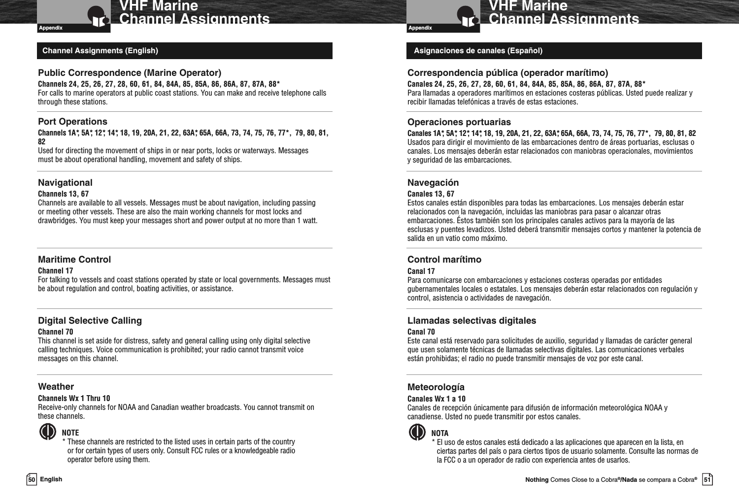 50 EnglishVHF MarineChannel AssignmentsAppendix Appendix51Nothing Comes Close to a Cobra®/Nada se compara a Cobra®VHF MarineChannel AssignmentsPublic Correspondence (Marine Operator)Channels 24, 25, 26, 27, 28, 60, 61, 84, 84A, 85, 85A, 86, 86A, 87, 87A, 88*For calls to marine operators at public coast stations. You can make and receive telephone callsthrough these stations.Port OperationsChannels 1A*, 5A*, 12*, 14*, 18, 19, 20A, 21, 22, 63A*, 65A, 66A, 73, 74, 75, 76, 77*, 79, 80, 81,82Used for directing the movement of ships in or near ports, locks or waterways. Messagesmust be about operational handling, movement and safety of ships.NavigationalChannels 13, 67Channels are available to all vessels. Messages must be about navigation, including passingor meeting other vessels. These are also the main working channels for most locks anddrawbridges. You must keep your messages short and power output at no more than 1 watt.Maritime ControlChannel 17For talking to vessels and coast stations operated by state or local governments. Messages mustbe about regulation and control, boating activities, or assistance.Digital Selective CallingChannel 70This channel is set aside for distress, safety and general calling using only digital selectivecalling techniques. Voice communication is prohibited; your radio cannot transmit voicemessages on this channel.WeatherChannels Wx 1 Thru 10Receive-only channels for NOAA and Canadian weather broadcasts. You cannot transmit onthese channels.NOTE* These channels are restricted to the listed uses in certain parts of the countryor for certain types of users only. Consult FCC rules or a knowledgeable radiooperator before using them.Channel Assignments (English) Asignaciones de canales (Español)Correspondencia pública (operador marítimo)Canales 24, 25, 26, 27, 28, 60, 61, 84, 84A, 85, 85A, 86, 86A, 87, 87A, 88*Para llamadas a operadores marítimos en estaciones costeras públicas. Usted puede realizar yrecibir llamadas telefónicas a través de estas estaciones.Operaciones portuariasCanales 1A*, 5A*, 12*, 14*, 18, 19, 20A, 21, 22, 63A*, 65A, 66A, 73, 74, 75, 76, 77*, 79, 80, 81, 82Usados para dirigir el movimiento de las embarcaciones dentro de áreas portuarias, esclusas ocanales. Los mensajes deberán estar relacionados con maniobras operacionales, movimientosy seguridad de las embarcaciones.NavegaciónCanales 13, 67Estos canales están disponibles para todas las embarcaciones. Los mensajes deberán estarrelacionados con la navegación, incluidas las maniobras para pasar o alcanzar otrasembarcaciones. Éstos también son los principales canales activos para la mayoría de lasesclusas y puentes levadizos. Usted deberá transmitir mensajes cortos y mantener la potencia desalida en un vatio como máximo.Control marítimoCanal 17Para comunicarse con embarcaciones y estaciones costeras operadas por entidadesgubernamentales locales o estatales. Los mensajes deberán estar relacionados con regulación ycontrol, asistencia o actividades de navegación.Llamadas selectivas digitalesCanal 70Este canal está reservado para solicitudes de auxilio, seguridad y llamadas de carácter generalque usen solamente técnicas de llamadas selectivas digitales. Las comunicaciones verbalesestán prohibidas; el radio no puede transmitir mensajes de voz por este canal.MeteorologíaCanales Wx 1 a 10Canales de recepción únicamente para difusión de información meteorológica NOAA ycanadiense. Usted no puede transmitir por estos canales.NOTA* El uso de estos canales está dedicado a las aplicaciones que aparecen en la lista, enciertas partes del país o para ciertos tipos de usuario solamente. Consulte las normas dela FCC o a un operador de radio con experiencia antes de usarlos.