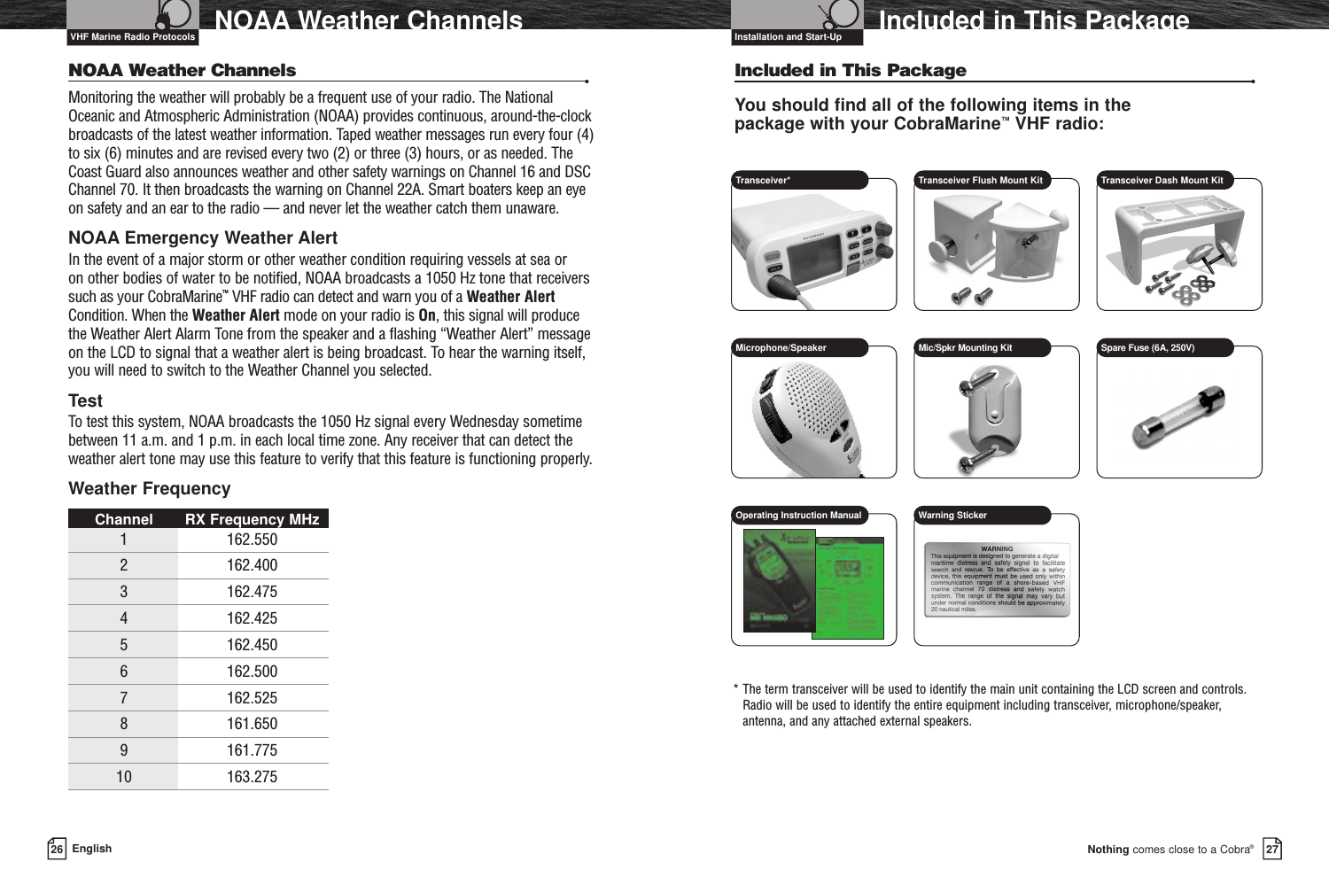 Nothing comes close to a Cobra®26 EnglishNOAA Weather Channels Included in This Package27NOAA Weather Channels •Monitoring the weather will probably be a frequent use of your radio. The NationalOceanic and Atmospheric Administration (NOAA) provides continuous, around-the-clockbroadcasts of the latest weather information. Taped weather messages run every four (4)to six (6) minutes and are revised every two (2) or three (3) hours, or as needed. TheCoast Guard also announces weather and other safety warnings on Channel 16 and DSCChannel 70. It then broadcasts the warning on Channel 22A. Smart boaters keep an eyeon safety and an ear to the radio — and never let the weather catch them unaware.NOAA Emergency Weather AlertIn the event of a major storm or other weather condition requiring vessels at sea or on other bodies of water to be notified, NOAA broadcasts a 1050 Hz tone that receiverssuch as your CobraMarine™VHF radio can detect and warn you of a Weather AlertCondition. When the Weather Alert mode on your radio is On, this signal will producethe Weather Alert Alarm Tone from the speaker and a flashing “Weather Alert” messageon the LCD to signal that a weather alert is being broadcast. To hear the warning itself,you will need to switch to the Weather Channel you selected.TestTo test this system, NOAA broadcasts the 1050 Hz signal every Wednesday sometimebetween 11 a.m. and 1 p.m. in each local time zone. Any receiver that can detect theweather alert tone may use this feature to verify that this feature is functioning properly.Weather FrequencyChannel RX Frequency MHz1 162.5502 162.4003 162.4754 162.4255 162.4506 162.5007 162.5258 161.6509 161.77510 163.275Included in This Package •You should find all of the following items in the package with your CobraMarine™VHF radio:Transceiver* Transceiver Flush Mount KitMicrophone/SpeakerTransceiver Dash Mount KitSpare Fuse (6A, 250V)Operating Instruction ManualVHF Marine Radio Protocols Installation and Start-UpWarning StickerMic/Spkr Mounting Kit* The term transceiver will be used to identify the main unit containing the LCD screen and controls.Radio will be used to identify the entire equipment including transceiver, microphone/speaker,antenna, and any attached external speakers.