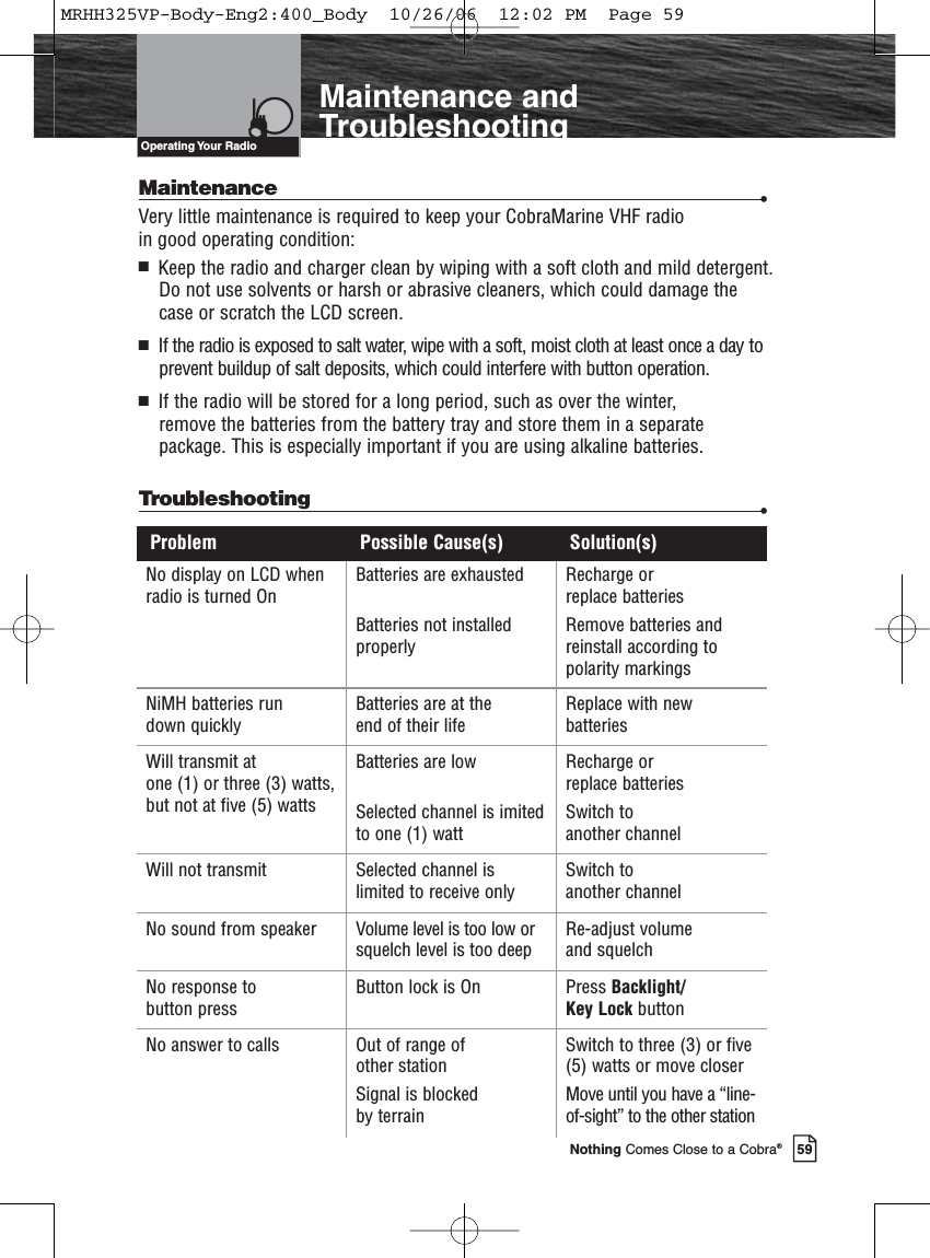 Introduction59Nothing Comes Close to a Cobra®Maintenance andTroubleshootingNo display on LCD whenradio is turned OnBatteries are exhaustedBatteries not installedproperlyRecharge or replace batteriesRemove batteries andreinstall according topolarity markingsNiMH batteries run down quicklyBatteries are at the end of their lifeReplace with newbatteriesWill transmit at one (1) or three (3) watts,but not at five (5) wattsBatteries are lowSelected channel is imitedto one (1) wattRecharge or replace batteriesSwitch to another channelWill not transmit Selected channel islimited to receive onlySwitch to another channelNo sound from speaker Volume level is too low orsquelch level is too deepRe-adjust volume and squelchNo response to button pressButton lock is On Press Backlight/Key Lock buttonNo answer to calls Out of range of other stationSignal is blocked by terrainSwitch to three (3) or five(5) watts or move closerMove until you have a “line-of-sight” to the other stationProblem Possible Cause(s) Solution(s)Operating Your  RadioMaintenance •Very little maintenance is required to keep your CobraMarine VHF radio in good operating condition:  Keep the radio and charger clean by wiping with a soft cloth and mild detergent.Do not use solvents or harsh or abrasive cleaners, which could damage thecase or scratch the LCD screen.  If the radio is exposed to salt water, wipe with a soft, moist cloth at least once a day toprevent buildup of salt deposits, which could interfere with button operation.  If the radio will be stored for a long period, such as over the winter, remove the batteries from the battery tray and store them in a separate package. This is especially important if you are using alkaline batteries.Troubleshooting •MRHH325VP-Body-Eng2:400_Body  10/26/06  12:02 PM  Page 59