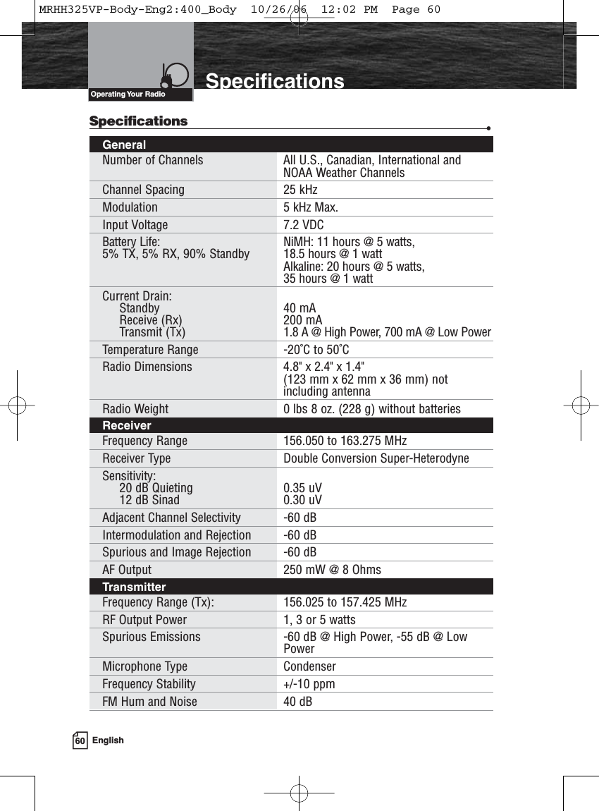 60 EnglishIntroduction SpecificationsSpecifications •GeneralNumber of Channels All U.S., Canadian, International andNOAA Weather ChannelsChannel Spacing  25 kHzModulation 5 kHz Max.Input Voltage 7.2 VDCBattery Life:  NiMH: 11 hours @ 5 watts,5% TX, 5% RX, 90% Standby 18.5 hours @ 1 wattAlkaline: 20 hours @ 5 watts,35 hours @ 1 watt Current Drain:  Standby 40 mAReceive (Rx) 200 mATransmit (Tx) 1.8 A @ High Power, 700 mA @ Low PowerTemperature Range -20˚C to 50˚CRadio Dimensions 4.8&quot; x 2.4&quot; x 1.4&quot; (123 mm x 62 mm x 36 mm) notincluding antennaRadio Weight 0 lbs 8 oz. (228 g) without batteriesReceiverFrequency Range 156.050 to 163.275 MHzReceiver Type Double Conversion Super-HeterodyneSensitivity:  20 dB Quieting 0.35 uV12 dB Sinad 0.30 uVAdjacent Channel Selectivity -60 dBIntermodulation and Rejection -60 dBSpurious and Image Rejection -60 dBAF Output 250 mW @ 8 OhmsTransmitterFrequency Range (Tx): 156.025 to 157.425 MHzRF Output Power 1, 3 or 5 wattsSpurious Emissions -60 dB @ High Power, -55 dB @ Low PowerMicrophone Type  CondenserFrequency Stability +/-10 ppmFM Hum and Noise 40 dBOperating Your  RadioMRHH325VP-Body-Eng2:400_Body  10/26/06  12:02 PM  Page 60