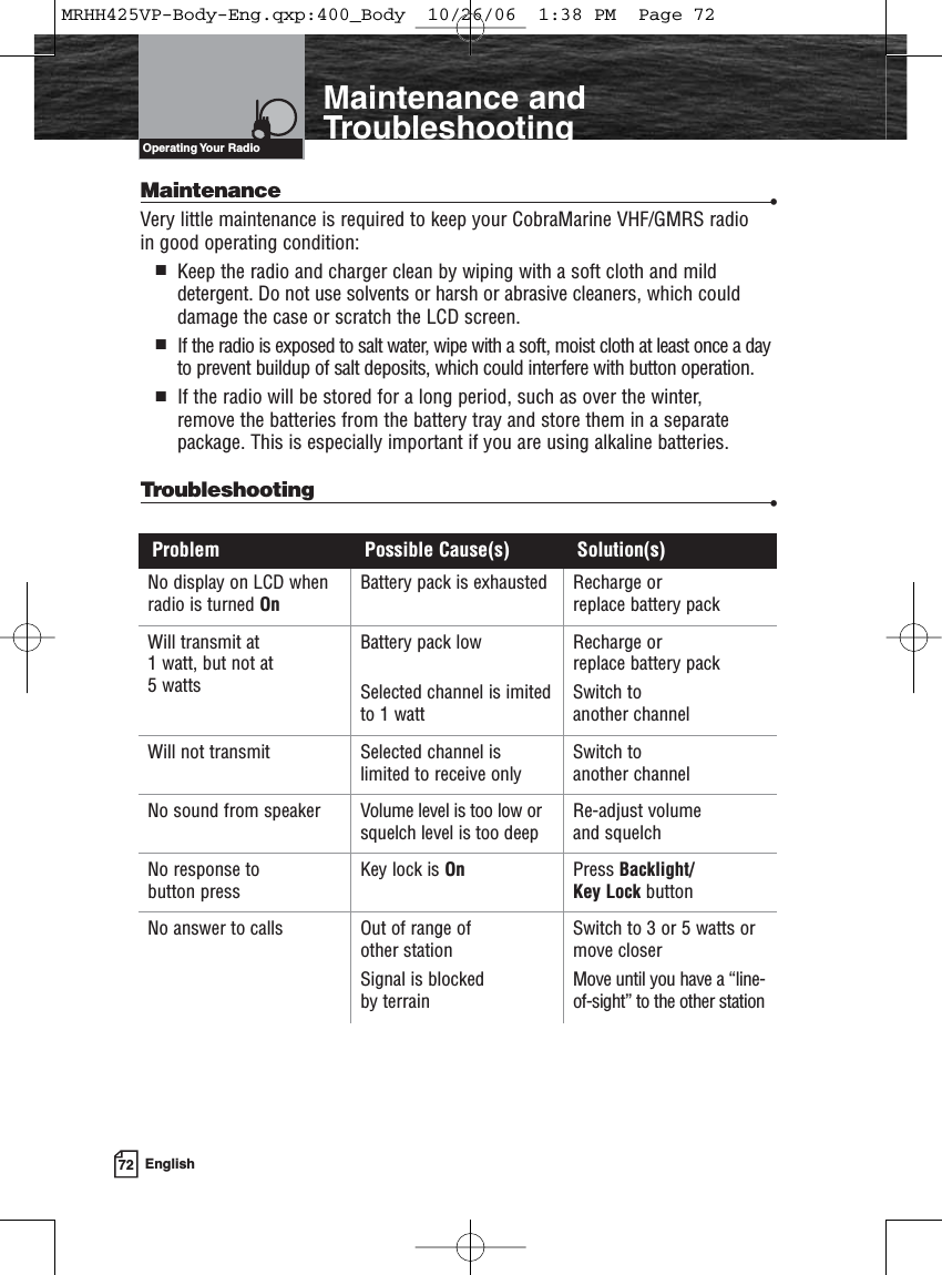 72 EnglishIntroductionNo display on LCD whenradio is turned OnBattery pack is exhausted Recharge or replace battery packWill transmit at 1 watt, but not at5 wattsBattery pack lowSelected channel is imitedto 1 wattRecharge or replace battery packSwitch to another channelWill not transmit Selected channel islimited to receive onlySwitch to another channelNo sound from speaker Volume level is too low orsquelch level is too deepRe-adjust volume and squelchNo response to button pressKey lock is On Press Backlight/Key Lock buttonNo answer to calls Out of range of other stationSignal is blocked by terrainSwitch to 3 or 5 watts ormove closerMove until you have a “line-of-sight” to the other stationProblem Possible Cause(s) Solution(s)Maintenance and TroubleshootingOperating Your  RadioMaintenance •Very little maintenance is required to keep your CobraMarine VHF/GMRS radio in good operating condition:Keep the radio and charger clean by wiping with a soft cloth and milddetergent. Do not use solvents or harsh or abrasive cleaners, which coulddamage the case or scratch the LCD screen.If the radio is exposed to salt water, wipe with a soft, moist cloth at least once a dayto prevent buildup of salt deposits, which could interfere with button operation.  If the radio will be stored for a long period, such as over the winter, remove the batteries from the battery tray and store them in a separate package. This is especially important if you are using alkaline batteries.Troubleshooting •MRHH425VP-Body-Eng.qxp:400_Body  10/26/06  1:38 PM  Page 72