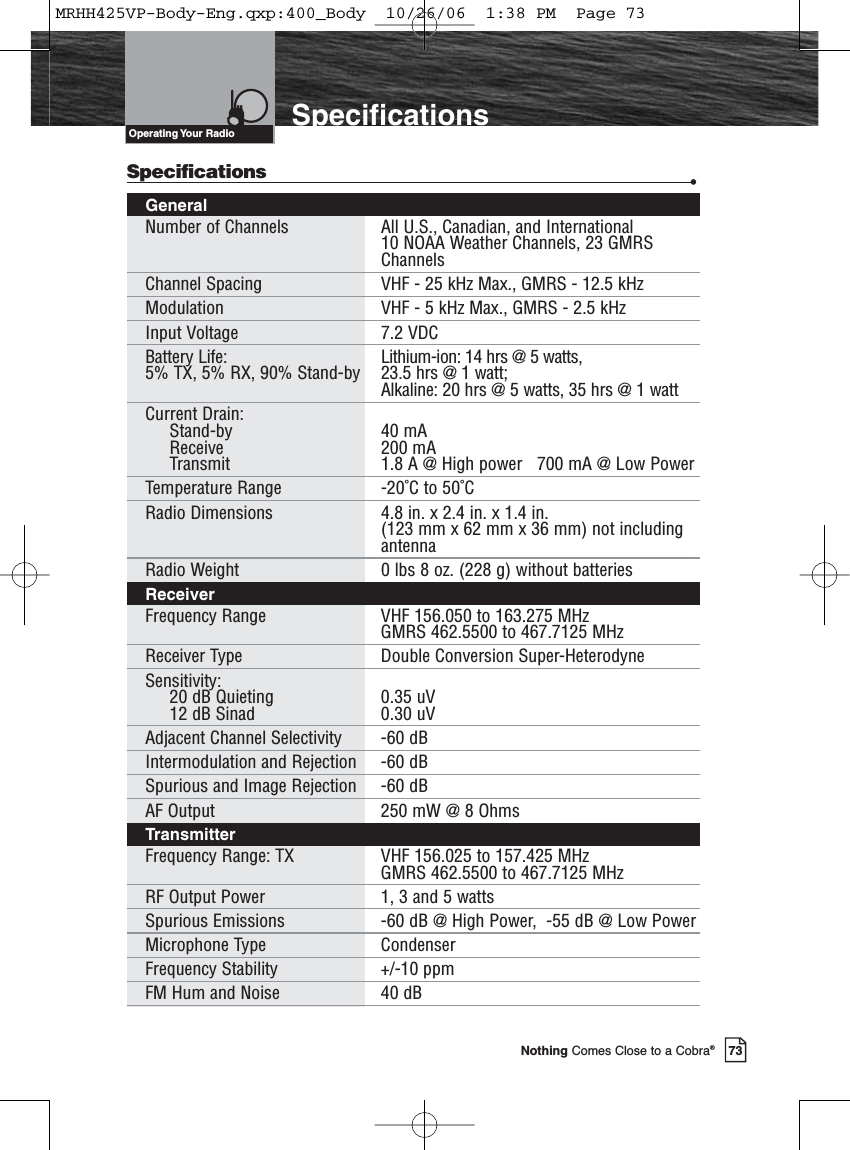 Introduction73Nothing Comes Close to a Cobra®SpecificationsSpecifications •GeneralNumber of Channels All U.S., Canadian, and International 10 NOAA Weather Channels, 23 GMRSChannelsChannel Spacing  VHF - 25 kHz Max., GMRS - 12.5 kHzModulation VHF - 5 kHz Max., GMRS - 2.5 kHzInput Voltage 7.2 VDCBattery Life:  Lithium-ion: 14 hrs @ 5 watts,5% TX, 5% RX, 90% Stand-by 23.5 hrs @ 1 watt;Alkaline: 20 hrs @ 5 watts, 35 hrs @ 1 wattCurrent Drain:  Stand-by 40 mAReceive 200 mATransmit 1.8 A @ High power   700 mA @ Low PowerTemperature Range -20˚C to 50˚CRadio Dimensions 4.8 in. x 2.4 in. x 1.4 in. (123 mm x 62 mm x 36 mm) not includingantennaRadio Weight 0 lbs 8 oz. (228 g) without batteriesReceiverFrequency Range VHF 156.050 to 163.275 MHzGMRS 462.5500 to 467.7125 MHzReceiver Type Double Conversion Super-HeterodyneSensitivity:  20 dB Quieting 0.35 uV12 dB Sinad 0.30 uVAdjacent Channel Selectivity -60 dBIntermodulation and Rejection -60 dBSpurious and Image Rejection -60 dBAF Output 250 mW @ 8 OhmsTransmitterFrequency Range: TX VHF 156.025 to 157.425 MHzGMRS 462.5500 to 467.7125 MHzRF Output Power 1, 3 and 5 wattsSpurious Emissions -60 dB @ High Power,  -55 dB @ Low PowerMicrophone Type  CondenserFrequency Stability +/-10 ppmFM Hum and Noise 40 dBOperating Your  RadioMRHH425VP-Body-Eng.qxp:400_Body  10/26/06  1:38 PM  Page 73