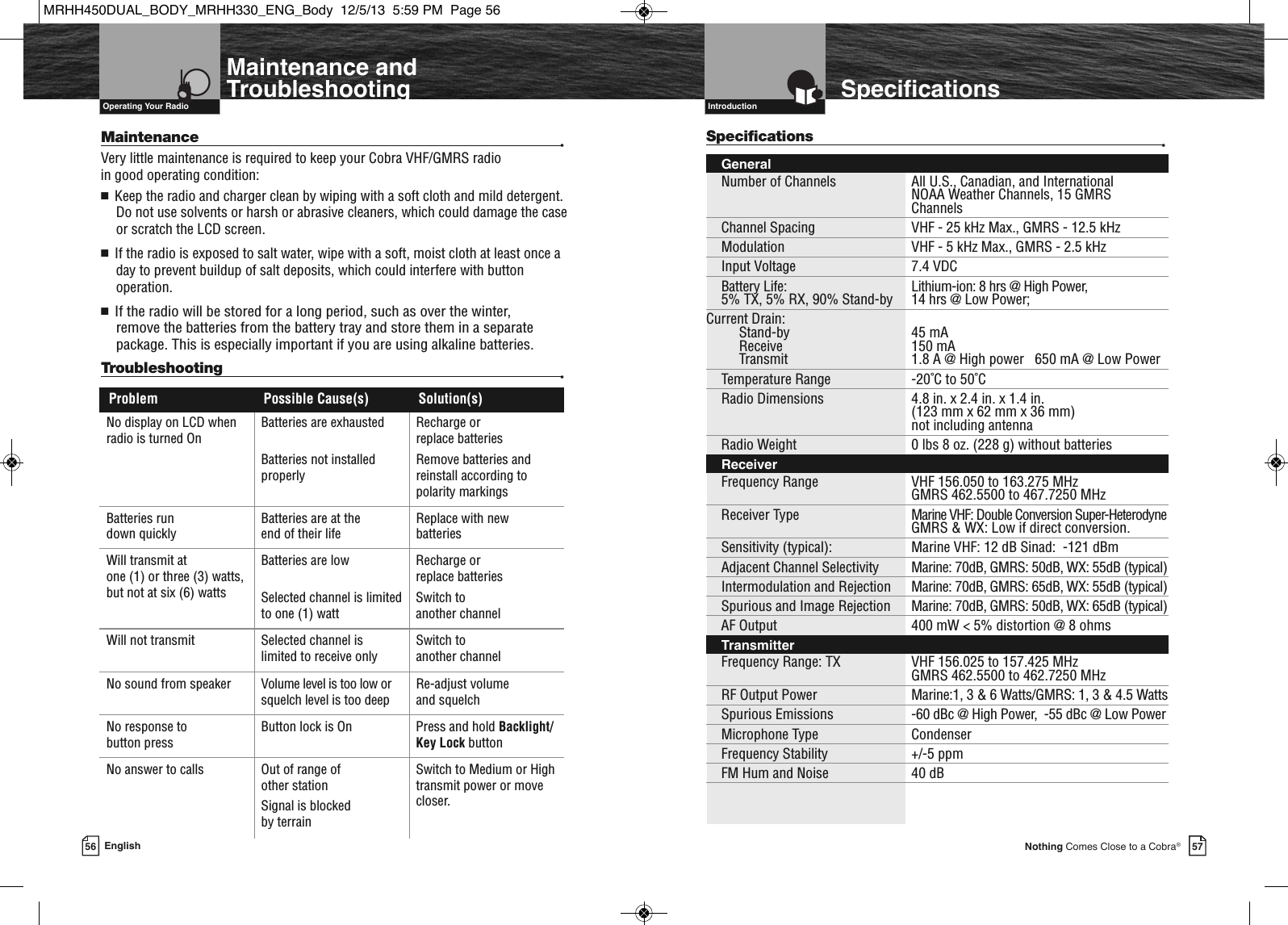   Introduction57Nothing Comes Close to a Cobra®56 English  Operating Your RadioMaintenance andTroubleshootingNo display on LCD whenradio is turned OnBatteries are exhaustedBatteries not installedproperlyRecharge or replace batteriesRemove batteries andreinstall according topolarity markingsBatteries run down quicklyBatteries are at the end of their lifeReplace with newbatteriesWill transmit at one (1) or three (3) watts,but not at six (6)wattsBatteries are lowSelected channel is limitedto one (1) wattRecharge or replace batteriesSwitch to another channelWill not transmit Selected channel islimited to receive onlySwitch to another channelNo sound from speaker Volume level is too low orsquelch level is too deepRe-adjust volume and squelchNo response to button pressButton lock is On Press and hold Backlight/Key Lock buttonNo answer to calls Out of range of other stationSignal is blocked by terrainSwitch to Medium or Hightransmit power or movecloser.Problem Possible Cause(s) Solution(s)Maintenance •Very little maintenance is required to keep your Cobra VHF/GMRS radio in good operating condition:■ Keep the radio and charger clean by wiping with a soft cloth and mild detergent.Do not use solvents or harsh or abrasive cleaners, which could damage the caseor scratch the LCD screen.■ If the radio is exposed to salt water, wipe with a soft, moist cloth at least once aday to prevent buildup of salt deposits, which could interfere with buttonoperation.■ If the radio will be stored for a long period, such as over the winter, remove the batteries from the battery tray and store them in a separate package. This is especially important if you are using alkaline batteries.Troubleshooting •SpecificationsSpecifications •GeneralNumber of Channels All U.S., Canadian, and International NOAA Weather Channels, 15 GMRSChannelsChannel Spacing  VHF - 25 kHz Max., GMRS - 12.5 kHzModulation VHF - 5 kHz Max., GMRS - 2.5 kHzInput Voltage 7.4 VDCBattery Life:  Lithium-ion: 8 hrs @ High Power,5% TX, 5% RX, 90% Stand-by 14 hrs @ Low Power;Current Drain:  Stand-by 45 mAReceive 150 mATransmit 1.8 A @ High power   650 mA @ Low PowerTemperature Range -20˚C to 50˚CRadio Dimensions 4.8 in. x 2.4 in. x 1.4 in. (123 mm x 62 mm x 36 mm) not including antennaRadio Weight 0 lbs 8 oz. (228 g) without batteriesReceiverFrequency Range VHF 156.050 to 163.275 MHzGMRS 462.5500 to 467.7250 MHzReceiver Type Marine VHF: Double Conversion Super-HeterodyneGMRS &amp; WX: Low if direct conversion. Sensitivity (typical): Marine VHF: 12 dB Sinad:  -121 dBmAdjacent Channel Selectivity Marine: 70dB, GMRS: 50dB, WX: 55dB (typical)Intermodulation and Rejection Marine: 70dB, GMRS: 65dB, WX: 55dB (typical)Spurious and Image Rejection Marine: 70dB, GMRS: 50dB, WX: 65dB (typical)AF Output 400 mW &lt; 5% distortion @ 8 ohmsTransmitterFrequency Range: TX VHF 156.025 to 157.425 MHzGMRS 462.5500 to 462.7250 MHzRF Output Power Marine:1, 3 &amp; 6 Watts/GMRS: 1, 3 &amp; 4.5 WattsSpurious Emissions -60 dBc @ High Power,  -55 dBc @ Low PowerMicrophone Type  CondenserFrequency Stability +/-5 ppmFM Hum and Noise 40 dBMRHH450DUAL_BODY_MRHH330_ENG_Body  12/5/13  5:59 PM  Page 56