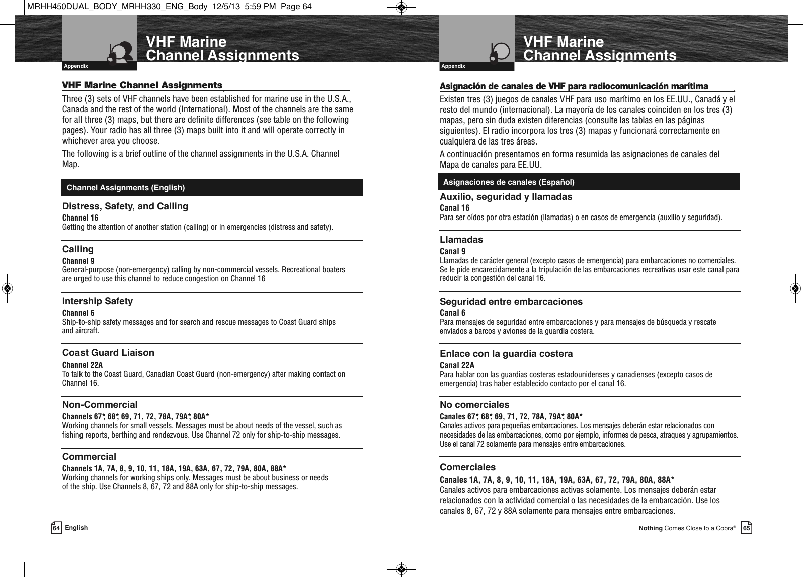   Introduction65Nothing Comes Close to a Cobra®VHF MarineChannel Assignments  Appendix64 EnglishVHF MarineChannel Assignments  IntroductionVHF Marine Radio Protocols  AppendixAsignación de canales de VHF para radiocomunicación marítima•Existen tres (3) juegos de canales VHF para uso marítimo en los EE.UU., Canadá y elresto del mundo (internacional). La mayoría de los canales coinciden en los tres (3)mapas, pero sin duda existen diferencias (consulte las tablas en las páginassiguientes). El radio incorpora los tres (3) mapas y funcionará correctamente encualquiera de las tres áreas. A continuación presentamos en forma resumida las asignaciones de canales del Mapa de canales para EE.UU. Auxilio, seguridad y llamadasCanal 16Para ser oídos por otra estación (llamadas) o en casos de emergencia (auxilio y seguridad).Llamadas Canal 9Llamadas de carácter general (excepto casos de emergencia) para embarcaciones no comerciales. Se le pide encarecidamente a la tripulación de las embarcaciones recreativas usar este canal parareducir la congestión del canal 16.Seguridad entre embarcacionesCanal 6Para mensajes de seguridad entre embarcaciones y para mensajes de búsqueda y rescateenviados a barcos y aviones de la guardia costera.Enlace con la guardia costeraCanal 22APara hablar con las guardias costeras estadounidenses y canadienses (excepto casos deemergencia) tras haber establecido contacto por el canal 16. No comercialesCanales 67*, 68*, 69, 71, 72, 78A, 79A*, 80A*Canales activos para pequeñas embarcaciones. Los mensajes deberán estar relacionados connecesidades de las embarcaciones, como por ejemplo, informes de pesca, atraques y agrupamientos.Use el canal 72 solamente para mensajes entre embarcaciones.ComercialesCanales 1A, 7A, 8, 9, 10, 11, 18A, 19A, 63A, 67, 72, 79A, 80A, 88A*Canales activos para embarcaciones activas solamente. Los mensajes deberán estarrelacionados con la actividad comercial o las necesidades de la embarcación. Use loscanales 8, 67, 72 y 88A solamente para mensajes entre embarcaciones.VHF Marine Channel Assignments•Three (3) sets of VHF channels have been established for marine use in the U.S.A.,Canada and the rest of the world (International). Most of the channels are the samefor all three (3) maps, but there are definite differences (see table on the followingpages). Your radio has all three (3) maps built into it and will operate correctly inwhichever area you choose. The following is a brief outline of the channel assignments in the U.S.A. ChannelMap.Distress, Safety, and CallingChannel 16Getting the attention of another station (calling) or in emergencies (distress and safety).Calling Channel 9 General-purpose (non-emergency) calling by non-commercial vessels. Recreational boatersare urged to use this channel to reduce congestion on Channel 16Intership SafetyChannel 6Ship-to-ship safety messages and for search and rescue messages to Coast Guard ships and aircraft.Coast Guard LiaisonChannel 22ATo talk to the Coast Guard, Canadian Coast Guard (non-emergency) after making contact onChannel 16.Non-CommercialChannels 67*, 68*, 69, 71, 72, 78A, 79A*, 80A*Working channels for small vessels. Messages must be about needs of the vessel, such asfishing reports, berthing and rendezvous. Use Channel 72 only for ship-to-ship messages.CommercialChannels 1A, 7A, 8, 9, 10, 11, 18A, 19A, 63A, 67, 72, 79A, 80A, 88A*Working channels for working ships only. Messages must be about business or needs of the ship. Use Channels 8, 67, 72 and 88A only for ship-to-ship messages.Channel Assignments (English) Asignaciones de canales (Español)MRHH450DUAL_BODY_MRHH330_ENG_Body  12/5/13  5:59 PM  Page 64