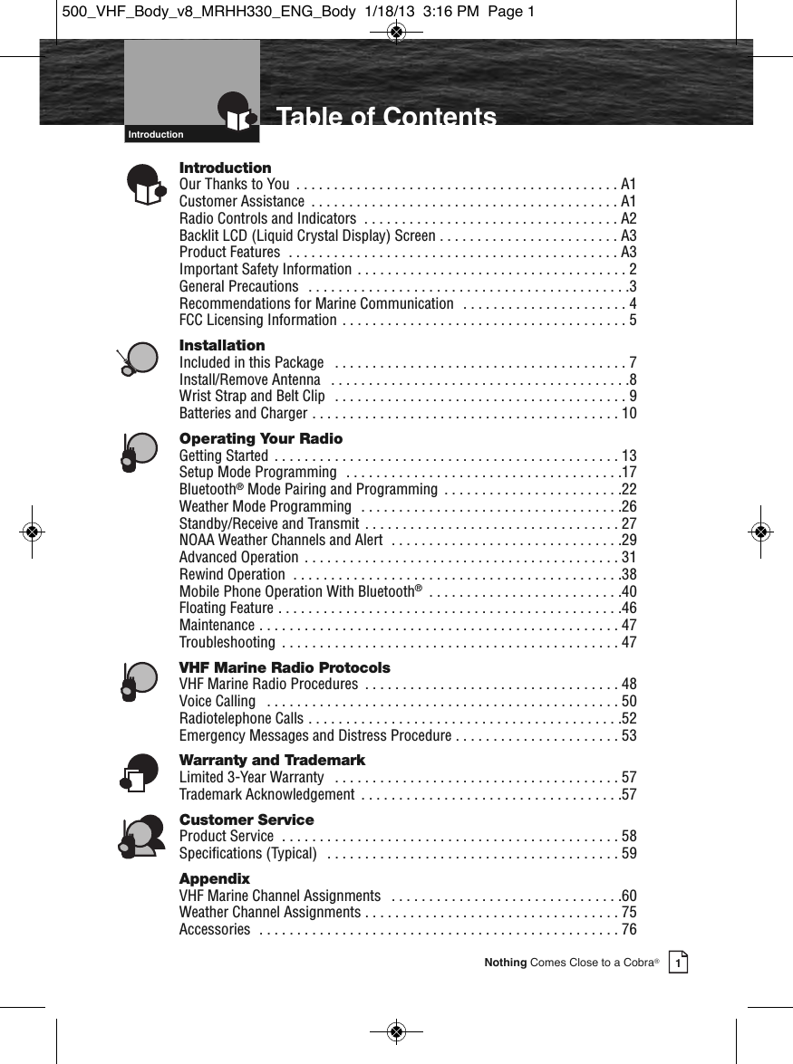 Page 3 of Cobra Electronics MRHH500 BT ACCESSORY IN MARINE RADIO User Manual MRHH330 ENG Body