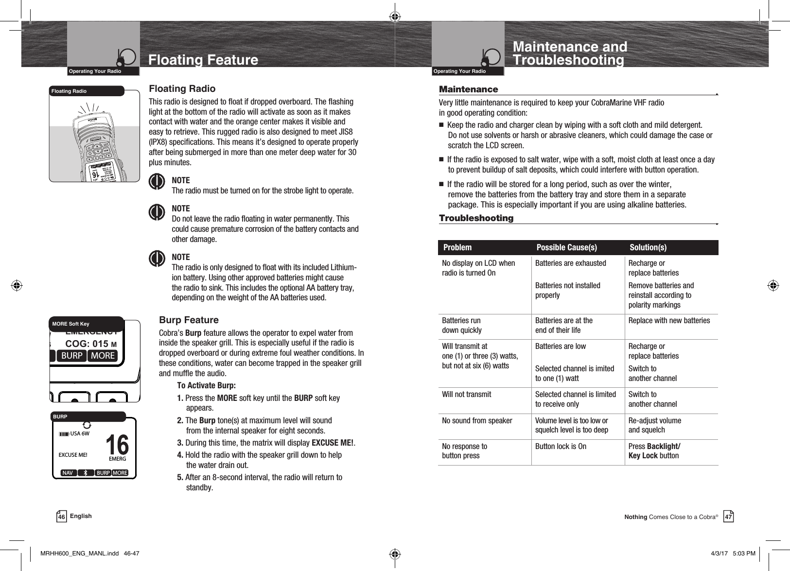47Nothing Comes Close to a Cobra®Maintenance and TroubleshootingFloating RadioVHF Marine Radio ProtocolsIntro Operation CustomerAssistanceWarrantyNoticeMain IconsSecondary IconsCaution WarningInstallation CustomerAssistanceOperating Your Radio46 EnglishFloating FeatureVHF Marine Radio ProtocolsIntro Operation CustomerAssistanceWarrantyNoticeMain IconsSecondary IconsCaution WarningInstallation CustomerAssistanceOperating Your RadioNo display on LCD when radio is turned OnBatteries are exhausted Batteries not installed properlyRecharge or  replace batteriesRemove batteries and reinstall according to polarity markingsBatteries run  down quicklyBatteries are at the  end of their lifeReplace with new batteriesWill transmit at  one (1) or three (3) watts, but not at six (6) wattsBatteries are low Selected channel is imited to one (1) wattRecharge or  replace batteriesSwitch to  another channelWill not transmit Selected channel is limited to receive onlySwitch to  another channelNo sound from speaker Volume level is too low or squelch level is too deepRe-adjust volume  and squelchNo response to  button pressButton lock is On Press Backlight/ Key Lock button  Problem   Possible Cause(s)   Solution(s)Maintenance  •Very little maintenance is required to keep your CobraMarine VHF radio  in good operating condition:n   Keep the radio and charger clean by wiping with a soft cloth and mild detergent. Do not use solvents or harsh or abrasive cleaners, which could damage the case or scratch the LCD screen.n    If the radio is exposed to salt water, wipe with a soft, moist cloth at least once a day to prevent buildup of salt deposits, which could interfere with button operation.n    If the radio will be stored for a long period, such as over the winter,  remove the batteries from the battery tray and store them in a separate  package. This is especially important if you are using alkaline batteries.Troubleshooting  •Intro Operation CustomerAssistanceWarrantyNoticeMain IconsSecondary IconsCaution WarningInstallation CustomerAssistanceIntro Operation CustomerAssistanceWarrantyNoticeMain IconsSecondary IconsCaution WarningInstallation CustomerAssistanceEMERGNAV                    BURP  MOREEXCUSE ME!USA 6WMOBSQL 16+MARINE HH600    DSC+ GPSLOG BURP MORE16AEMERGENCYUSA 6W   32 49.800NSOG: 3.7 KTS COG: 015 M999.11.077WDATE:06/30TIME:10:00 LOCMORE Soft KeyIntro Operation CustomerAssistanceWarrantyNoticeMain IconsSecondary IconsCaution WarningInstallation CustomerAssistanceBURPFloating RadioThis radio is designed to oat if dropped overboard. The ashing light at the bottom of the radio will activate as soon as it makes contact with water and the orange center makes it visible and easy to retrieve. This rugged radio is also designed to meet JIS8 (IPX8) specications. This means it’s designed to operate properly after being submerged in more than one meter deep water for 30 plus minutes. NOTE  The radio must be turned on for the strobe light to operate. NOTE  Do not leave the radio oating in water permanently. This could cause premature corrosion of the battery contacts and other damage. NOTE  The radio is only designed to oat with its included Lithium-ion battery. Using other approved batteries might cause the radio to sink. This includes the optional AA battery tray, depending on the weight of the AA batteries used.Burp FeatureCobra’s Burp feature allows the operator to expel water from inside the speaker grill. This is especially useful if the radio is dropped overboard or during extreme foul weather conditions. In these conditions, water can become trapped in the speaker grill and mufe the audio.  To Activate Burp:1. Press the MORE soft key until the BURP soft key appears.  2. The Burp tone(s) at maximum level will sound  from the internal speaker for eight seconds.  3. During this time, the matrix will display EXCUSE ME!.4. Hold the radio with the speaker grill down to help  the water drain out.5. After an 8-second interval, the radio will return to standby.MRHH600_ENG_MANL.indd   46-47 4/3/17   5:03 PM