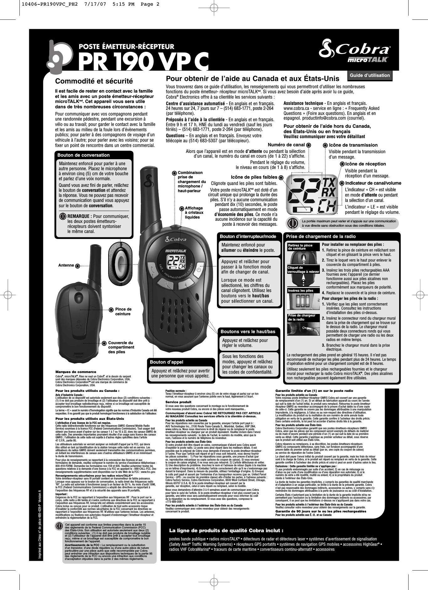 Cobra Electronics PR190 FRS/GMRS TRANSCEIVER User Manual 190