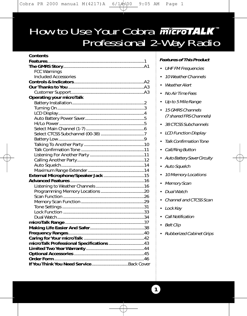 Cobra Electronics PR2000WX GMRS User Manual User Instructions