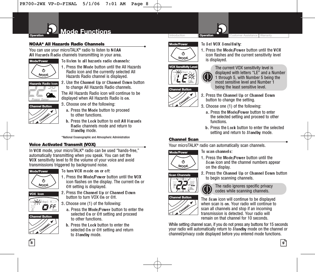 Customer Assistance WarrantyIntroduction OperationPress the  button until the icon flashes and the current sensitivity level is displayed. The current VOX sensitivity level isdisplayed with letters “LE” and a Number1 through 5, with Number 5 being themost sensitive level and Number 1 being the least sensitive level.Press the  or button to change the setting.Choose one (1) of the following:Press the  button to enter the selected setting and proceed to otherfunctions.Press the  button to enter the selectedsetting and return to  mode.Channel Scan •Your microTALK®radio can automatically scan channels.Press the  button until the icon and the channel numbers appear on the display.Press the  or  buttonto begin scanning channels.  The radio ignores specific privacy codes while scanning channels.The  icon will continue to be displayed when scan is  . Your radio will continue toscan all channels and stop if an incomingtransmission is detected. Your radio will remain on that channel for 10 seconds. While setting channel scan, if you do not press any buttons for 15 secondsyour radio will automatically return to  mode on the channel orchannel/privacy code displayed before you entered mode functions.Operation Mode FunctionsNOAA* All Hazards Radio Channels •You can use your microTALK®radio to listen to channels transmitting in your area.Press the  button until the All HazardsRadio icon and the currently selected AllHazards Radio channel is displayed.Use the  or  buttonto change All Hazards Radio channels.The All Hazards Radio icon will continue to bedisplayed when All Hazards Radio is  .Choose one of the following:Press the  button to proceed to other functions.Press the  button to exit channels mode and return to mode.*National Oceanographic and Atmospheric AdministrationVoice Activated Transmit (VOX) •In  mode, your microTALK®radio can be used “hands-free,”automatically transmitting when you speak. You can set the sensitivity level to fit the volume of your voice and avoidtransmissions triggered by background noise. Press the  button until the icon flashes on the display. The current  orsetting is displayed.Press the  or button to turn VOX  or  .Choose one (1) of the following:Press the  button to enter the selected  or  setting and proceed to other functions.  Press the  button to enter the selected  or  setting and return to  mode. 89VOX  IconMode/Power Hazards Radio IconChannel ButtonChannel ButtonMode/PowerChannel ButtonChannel ButtonMode/PowerMode/PowerVOX Sensitivity LevelScan ChannelsPR700-2WX VP-D-FINAL  5/1/06  7:01 AM  Page 8