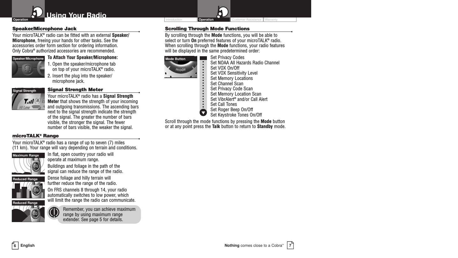 Customer Assistance WarrantyIntroduction7Nothing comes close to a Cobra™OperationScrolling Through Mode Functions •By scrolling through the Mode functions, you will be able to select or turn On preferred features of your microTALK®radio.When scrolling through the Mode functions, your radio features will be displayed in the same predetermined order:Set Privacy CodesSet NOAA All Hazards Radio ChannelSet VOX On/Off Set VOX Sensitivity LevelSet Memory LocationsSet Channel ScanSet Privacy Code Scan Set Memory Location ScanSet VibrAlert®and/or Call AlertSet Call TonesSet Roger Beep On/OffSet Keystroke Tones On/OffScroll through the mode functions by pressing the Mode button or at any point press the Talk button to return to Standby mode.6EnglishUsing Your RadioSpeaker/Microphone Jack •Your microTALK®radio can be fitted with an external Speaker/Microphone, freeing your hands for other tasks. See theaccessories order form section for ordering information. Only Cobra®authorized accessories are recommended. To  Attach Your Speaker/Microphone:1. Open the speaker/microphone tab on top of your microTALK®radio.2. Insert the plug into the speaker/microphone jack.Signal Strength Meter •Your microTALK®radio has a Signal StrengthMeter that shows the strength of your incomingand outgoing transmissions. The ascending barsnext to the signal strength indicate the strengthof the signal. The greater the number of barsvisible, the stronger the signal. The fewernumber of bars visible, the weaker the signal.microTALK®Range •Your microTALK®radio has a range of up to seven (7) miles (11 km). Your range will vary depending on terrain and conditions. In flat, open country your radio will operate at maximum range. Buildings and foliage in the path of the signal can reduce the range of the radio.Dense foliage and hilly terrain will further reduce the range of the radio.On FRS channels 8 through 14, your radioautomatically switches to low power, which will limit the range the radio can communicate.Remember, you can achieve maximumrange by using maximum rangeextender. See page 5 for details.Mode ButtonMaximum RangeReduced RangeReduced RangeOperationSpeaker/MicrophoneSignal Strength