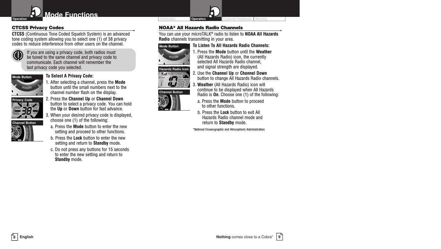 Customer Assistance WarrantyIntroduction9Nothing comes close to a Cobra™Operation8EnglishMode FunctionsCTCSS Privacy Codes •CTCSS (Continuous Tone Coded Squelch System) is an advancedtone coding system allowing you to select one (1) of 38 privacycodes to reduce interference from other users on the channel.If you are using a privacy code, both radios must be tuned to the same channel and privacy code tocommunicate. Each channel will remember the last privacy code you selected.To  Select A Privacy Code:1. After selecting a channel, press the Modebutton until the small numbers next to thechannel number flash on the display.2. Press the Channel Up or Channel Downbutton to select a privacy code. You can holdthe Up or Down button for fast advance.3. When your desired privacy code is displayed,choose one (1) of the following:a. Press the Mode button to enter the newsetting and proceed to other functions.b. Press the Lock button to enter the newsetting and return to Standby mode.c. Do not press any buttons for 15 seconds to enter the new setting and return toStandby mode.OperationNOAA* All Hazards Radio Channels •You can use your microTALK®radio to listen to NOAA All HazardsRadio channels transmitting in your area.To  Listen To All Hazards Radio Channels:1. Press the Mode button until the Weather(All Hazards Radio) icon, the currentlyselected All Hazards Radio channel, and signal strength are displayed.2. Use the Channel Up or Channel Downbutton to change All Hazards Radio channels.3. Weather (All Hazards Radio) icon will continue to be displayed when All HazardsRadio is On. Choose one (1) of the following:a. Press the Mode button to proceed to other functions.b. Press the Lock button to exit All Hazards Radio channel mode and return to Standby mode.*National Oceanographic and Atmospheric AdministrationHazards Radio IconChannel ButtonMode ButtonMode ButtonChannel ButtonPrivacy Code