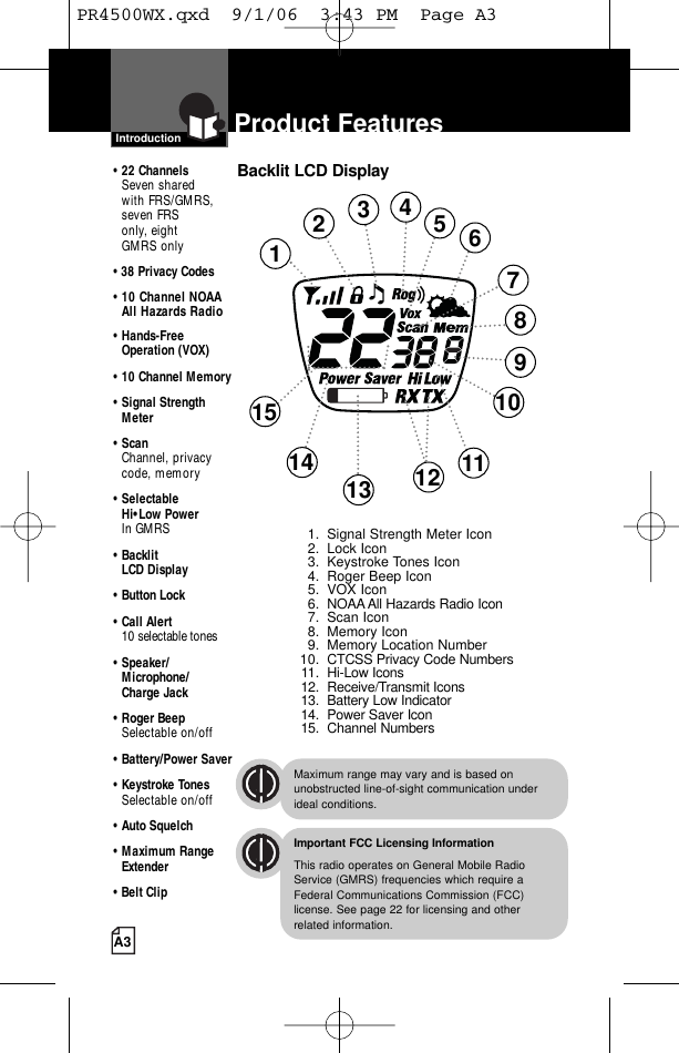 A3Product FeaturesIntroductionBacklit LCD DisplayImportant FCC Licensing InformationThis radio operates on General Mobile RadioService (GMRS) frequencies which require aFederal Communications Commission (FCC)license. See page 22 for licensing and other related information.Maximum range may vary and is based onunobstructed line-of-sight communication underideal conditions.• 22 ChannelsSeven shared with FRS/GMRS, seven FRS only, eight  GMRS only•38 Privacy Codes•10 Channel NOAA All Hazards Radio• Hands-Free Operation (VOX)• 10 Channel Memory• Signal Strength Meter• ScanChannel, privacy code, memory• Selectable Hi•Low Power In GMRS• Backlit LCD Display• Button Lock• Call Alert 10 selectable tones• Speaker/Microphone/Charge Jack• Roger BeepSelectable on/off• Battery/Power Saver• Keystroke TonesSelectable on/off• Auto Squelch• Maximum RangeExtender•Belt Clip123468911131415 10121. Signal Strength Meter Icon2. Lock Icon3. Keystroke Tones Icon4. Roger Beep Icon5. VOX Icon6. NOAA All Hazards Radio Icon7. Scan Icon8. Memory Icon9. Memory Location Number10. CTCSS Privacy Code Numbers11. Hi-Low Icons12. Receive/Transmit Icons13. Battery Low Indicator14. Power Saver Icon15. Channel Numbers57PR4500WX.qxd  9/1/06  3:43 PM  Page A3