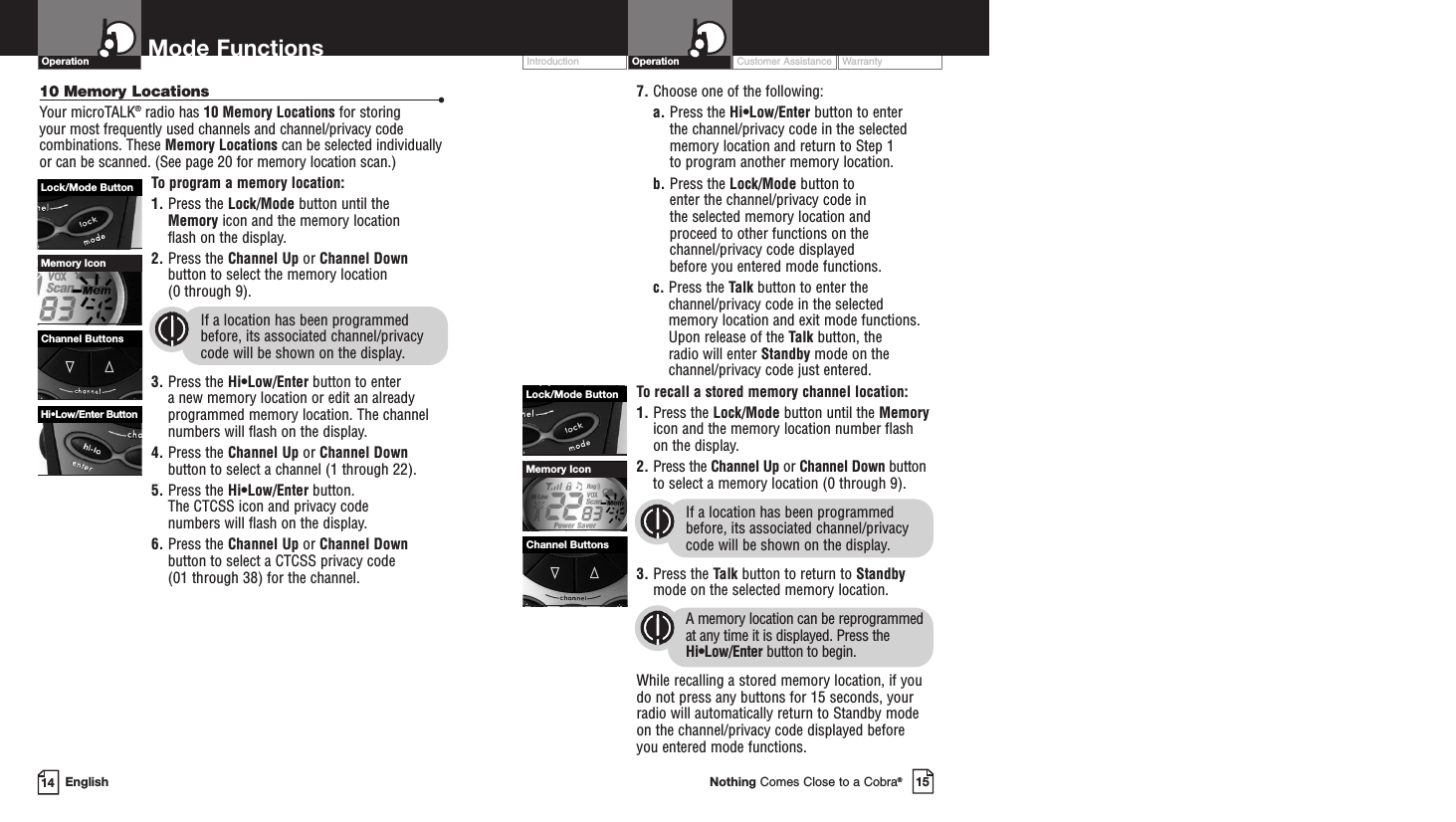 Customer Assistance WarrantyIntroduction15Nothing Comes Close to a Cobra®Operation14 EnglishMode FunctionsOperation10 Memory Locations •Your microTALK®radio has 10 Memory Locations for storing your most frequently used channels and channel/privacy codecombinations. These Memory Locations can be selected individuallyor can be scanned. (See page 20 for memory location scan.)To program a memory location:1. Press the Lock/Mode button until the Memory icon and the memory location flash on the display.2. Press the Channel Up or Channel Downbutton to select the memory location (0 through 9).If a location has been programmedbefore, its associated channel/privacycode will be shown on the display.3. Press the Hi•Low/Enter button to enter a new memory location or edit an alreadyprogrammed memory location. The channelnumbers will flash on the display.4. Press the Channel Up or Channel Downbutton to select a channel (1 through 22).5. Press the Hi•Low/Enter button. The CTCSS icon and privacy code numbers will flash on the display.6. Press the Channel Up or Channel Downbutton to select a CTCSS privacy code (01 through 38) for the channel.7. Choose one of the following:a. Press the Hi•Low/Enter button to enter the channel/privacy code in the selectedmemory location and return to Step 1 to program another memory location.b. Press the Lock/Mode button to enter the channel/privacy code in the selected memory location and proceed to other functions on thechannel/privacy code displayed before you entered mode functions.c. Press the Talk button to enter thechannel/privacy code in the selectedmemory location and exit mode functions.Upon release of the Talk button, the radio will enter Standby mode on thechannel/privacy code just entered.To recall a stored memory channel location:1. Press the Lock/Mode button until the Memoryicon and the memory location number flashon the display.2. Press the Channel Up or Channel Down buttonto select a memory location (0 through 9). If a location has been programmedbefore, its associated channel/privacycode will be shown on the display.3. Press the Talk button to return to Standbymode on the selected memory location.A memory location can be reprogrammedat any time it is displayed. Press theHi•Low/Enter button to begin.While recalling a stored memory location, if youdo not press any buttons for 15 seconds, yourradio will automatically return to Standby modeon the channel/privacy code displayed before you entered mode functions.Memory IconLock/Mode ButtonChannel ButtonsHi•Low/Enter ButtonMemory IconLock/Mode ButtonChannel Buttons