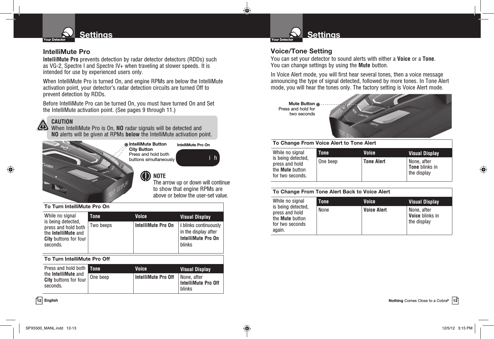 SettingsYour DetectorSettingsYour DetectorIntelliMute ProIntelliMute Pro prevents detection by radar detector detectors (RDDs) such as VG-2, Spectre I and Spectre IV+ when traveling at slower speeds. It is intended for use by experienced users only.  When IntelliMute Pro is turned On, and engine RPMs are below the IntelliMute activation point, your detector’s radar detection circuits are turned Off to prevent detection by RDDs. Before IntelliMute Pro can be turned On, you must have turned On and Set  the IntelliMute activation point. (See pages 9 through 11.) To Turn IntelliMute Pro OnWhile no signal  is being detected, press and hold both the IntelliMute and City buttons for four seconds.Tone Voice Visual DisplayTwo beeps IntelliMute Pro On i blinks continuously in the display after IntelliMute Pro On blinksTo Turn IntelliMute Pro OffPress and hold both the IntelliMute and City buttons for four seconds.Tone Voice Visual DisplayOne beep IntelliMute Pro Off None, after IntelliMute Pro Off blinksCAUTION When IntelliMute Pro is On, NO radar signals will be detected and  NO alerts will be given at RPMs below the IntelliMute activation point. NOTE The arrow up or down will continue  to show that engine RPMs are  above or below the user-set value.Nothing Comes Close to a Cobra®1312 EnglishVoice/Tone SettingYou can set your detector to sound alerts with either a Voice or a Tone.  You can change settings by using the Mute button. In Voice Alert mode, you will first hear several tones, then a voice message announcing the type of signal detected, followed by more tones. In Tone Alert mode, you will hear the tones only. The factory setting is Voice Alert mode.Mute ButtonPress and hold for two secondsTo Change From Voice Alert to Tone AlertWhile no signal  is being detected,  press and hold  the Mute button  for two seconds.Tone Voice Visual DisplayOne beep Tone Alert None, after Tone blinks in  the display To Change From Tone Alert Back to Voice AlertWhile no signal  is being detected,  press and hold  the Mute button  for two seconds again.Tone Voice Visual DisplayNone Voice Alert None, after Voice blinks in  the display IntelliMute Pro On       i  hIntelliMute ButtonCity ButtonPress and hold both  buttons simultaneouslySPX5500_MANL.indd   12-13 12/5/12   3:15 PM