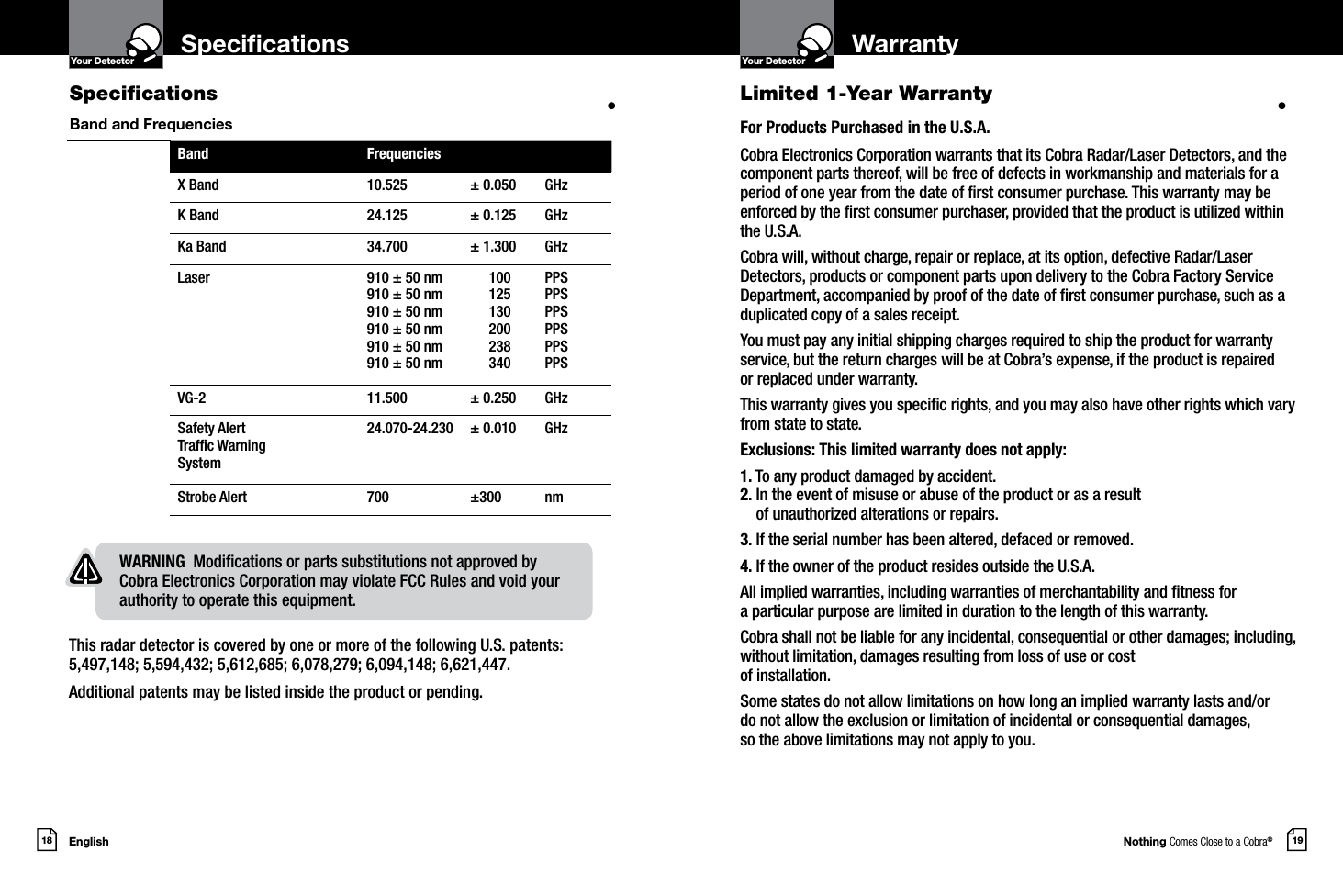 Nothing Comes Close to a Cobra®English18 19Specications WarrantyYour DetectorIntro Operation CustomerAssistanceWarrantyNoticeMain IconsSecondary IconsYour DetectorIntro Operation CustomerAssistanceWarrantyNoticeMain IconsSecondary IconsThis radar detector is covered by one or more of the following U.S. patents: 5,497,148; 5,594,432; 5,612,685; 6,078,279; 6,094,148; 6,621,447. Additional patents may be listed inside the product or pending. Limited 1-Year Warranty                      •For Products Purchased in the U.S.A.Cobra Electronics Corporation warrants that its Cobra Radar/Laser Detectors, and the component parts thereof, will be free of defects in workmanship and materials for a period of one year from the date of rst consumer purchase. This warranty may be enforced by the rst consumer purchaser, provided that the product is utilized within the U.S.A.Cobra will, without charge, repair or replace, at its option, defective Radar/Laser Detectors, products or component parts upon delivery to the Cobra Factory Service Department, accompanied by proof of the date of rst consumer purchase, such as a duplicated copy of a sales receipt.You must pay any initial shipping charges required to ship the product for warranty service, but the return charges will be at Cobra’s expense, if the product is repaired  or replaced under warranty.This warranty gives you specic rights, and you may also have other rights which vary from state to state.Exclusions: This limited warranty does not apply:1. To any product damaged by accident. 2.  In the event of misuse or abuse of the product or as a result  of unauthorized alterations or repairs.3. If the serial number has been altered, defaced or removed.4. If the owner of the product resides outside the U.S.A.All implied warranties, including warranties of merchantability and tness for  a particular purpose are limited in duration to the length of this warranty.Cobra shall not be liable for any incidental, consequential or other damages; including, without limitation, damages resulting from loss of use or cost  of installation.Some states do not allow limitations on how long an implied warranty lasts and/or  do not allow the exclusion or limitation of incidental or consequential damages,  so the above limitations may not apply to you.Specications                    •Band and FrequenciesWARNING  Modications or parts substitutions not approved by Cobra Electronics Corporation may violate FCC Rules and void your authority to operate this equipment.Band FrequenciesX Band 10.525 ± 0.050 GHzK Band 24.125 ± 0.125 GHzKa Band 34.700 ± 1.300 GHzLaser 910 ± 50 nm 910 ± 50 nm 910 ± 50 nm 910 ± 50 nm 910 ± 50 nm 910 ± 50 nm100 125 130 200 238 340PPS PPS PPS PPS PPS PPSVG-2 11.500 ± 0.250 GHzSafety Alert Trafc Warning System24.070-24.230  ± 0.010  GHz Strobe Alert 700 ±300 nm