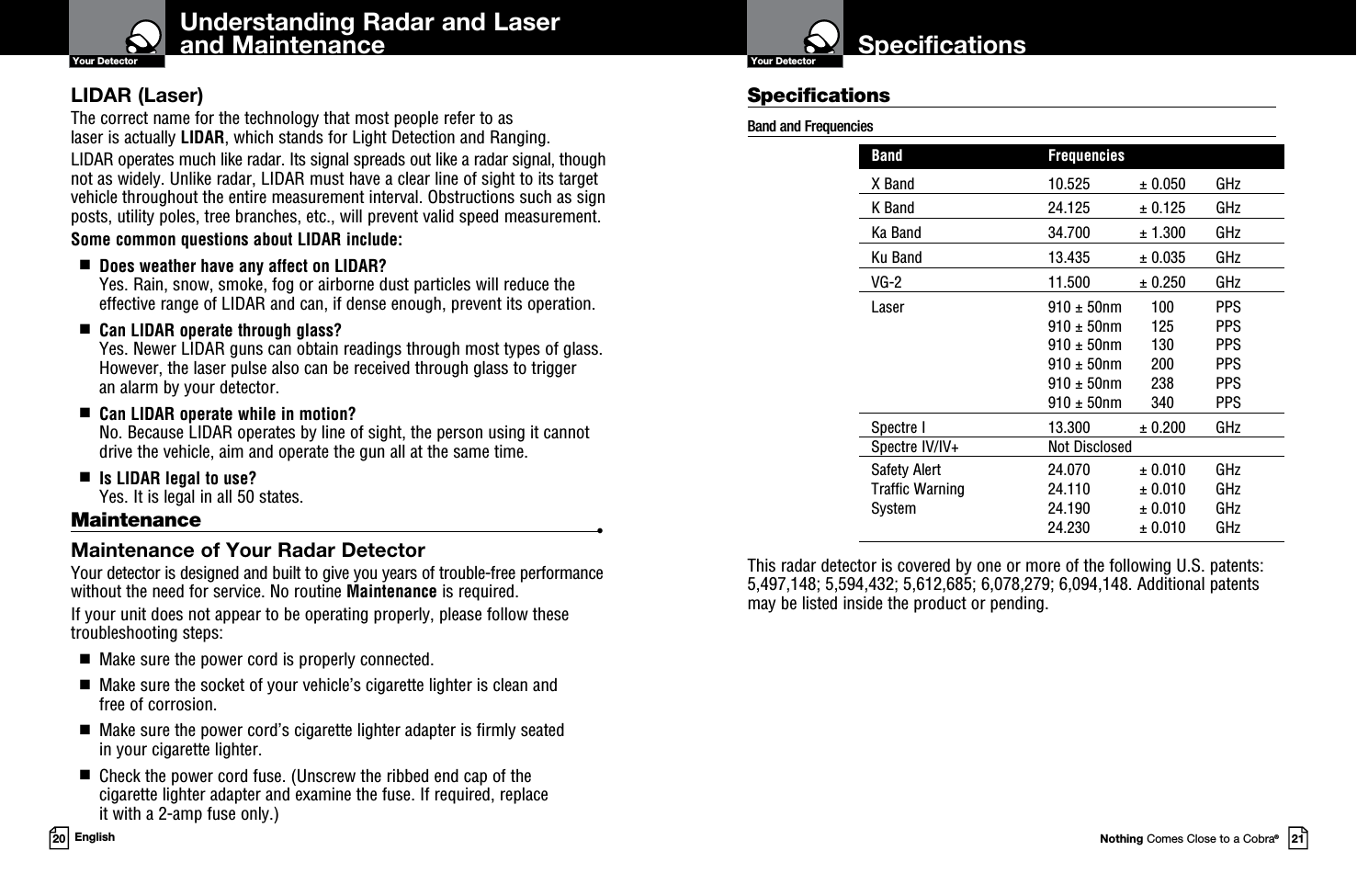 SpecificationsNothing Comes Close to a Cobra®21Understanding Radar and Laser  and Maintenance20 EnglishYour DetectorYour DetectorLIDAR (Laser)The correct name for the technology that most people refer to as  laser is actually LIDAR, which stands for Light Detection and Ranging.LIDAR operates much like radar. Its signal spreads out like a radar signal, though not as widely. Unlike radar, LIDAR must have a clear line of sight to its target vehicle throughout the entire measurement interval. Obstructions such as sign posts, utility poles, tree branches, etc., will prevent valid speed measurement.Some common questions about LIDAR include:  g   Does weather have any affect on LIDAR?  Yes. Rain, snow, smoke, fog or airborne dust particles will reduce the  effective range of LIDAR and can, if dense enough, prevent its operation.  g   Can LIDAR operate through glass? Yes. Newer LIDAR guns can obtain readings through most types of glass. However, the laser pulse also can be received through glass to trigger  an alarm by your detector.  g   Can LIDAR operate while in motion? No. Because LIDAR operates by line of sight, the person using it cannot drive the vehicle, aim and operate the gun all at the same time.  g   Is LIDAR legal to use? Yes. It is legal in all 50 states.Maintenance  •Maintenance of Your Radar DetectorYour detector is designed and built to give you years of trouble-free performance without the need for service. No routine Maintenance is required.If your unit does not appear to be operating properly, please follow these troubleshooting steps:  g   Make sure the power cord is properly connected.  g    Make sure the socket of your vehicle’s cigarette lighter is clean and  free of corrosion.  g   Make sure the power cord’s cigarette lighter adapter is firmly seated  in your cigarette lighter.  g   Check the power cord fuse. (Unscrew the ribbed end cap of the  cigarette lighter adapter and examine the fuse. If required, replace  it with a 2-amp fuse only.)SpecificationsBand and Frequencies  Band  Frequencies  X Band  10.525  ± 0.050  GHz  K Band  24.125  ± 0.125  GHz  Ka Band  34.700  ± 1.300  GHz  Ku Band  13.435  ± 0.035  GHz  VG-2  11.500  ± 0.250  GHz  Laser  910 ± 50nm  100  PPS     910 ± 50nm  125  PPS     910 ± 50nm  130  PPS     910 ± 50nm  200  PPS     910 ± 50nm  238  PPS     910 ± 50nm  340  PPS  Spectre I  13.300  ± 0.200  GHz  Spectre IV/IV+  Not Disclosed Safety Alert  24.070  ± 0.010  GHz  Traffic Warning  24.110  ± 0.010  GHz  System  24.190  ± 0.010  GHz    24.230  ± 0.010  GHz  This radar detector is covered by one or more of the following U.S. patents: 5,497,148; 5,594,432; 5,612,685; 6,078,279; 6,094,148. Additional patents may be listed inside the product or pending. 