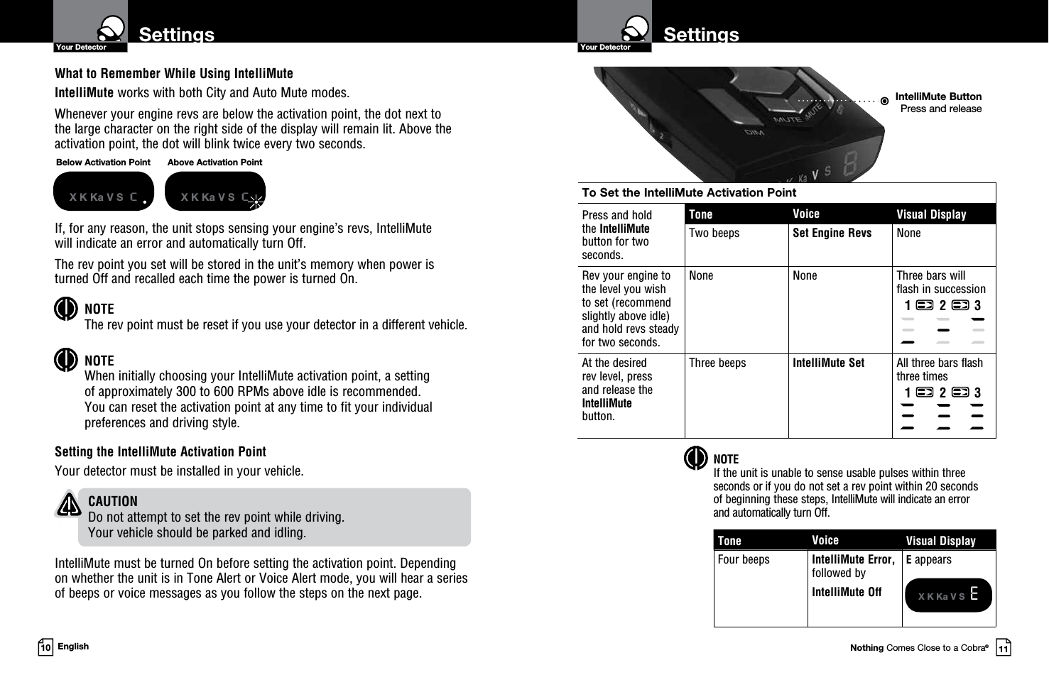 Your DetectorNothing Comes Close to a Cobra®SettingsYour Detector10 EnglishWhat to Remember While Using IntelliMuteIntelliMute works with both City and Auto Mute modes.Whenever your engine revs are below the activation point, the dot next to  the large character on the right side of the display will remain lit. Above the activation point, the dot will blink twice every two seconds.If, for any reason, the unit stops sensing your engine’s revs, IntelliMute  will indicate an error and automatically turn Off. The rev point you set will be stored in the unit’s memory when power is turned Off and recalled each time the power is turned On. NOTE  The rev point must be reset if you use your detector in a different vehicle.NOTE  When initially choosing your IntelliMute activation point, a setting  of approximately 300 to 600 RPMs above idle is recommended.  You can reset the activation point at any time to fit your individual preferences and driving style.Setting the IntelliMute Activation PointYour detector must be installed in your vehicle.    CAUTION Do not attempt to set the rev point while driving.  Your vehicle should be parked and idling. IntelliMute must be turned On before setting the activation point. Depending on whether the unit is in Tone Alert or Voice Alert mode, you will hear a series of beeps or voice messages as you follow the steps on the next page.Below Activation PointX K Ka V S  cAbove Activation PointX K Ka V S  cIntelliMute ButtonPress and releaseTo Set the IntelliMute Activation PointPress and hold the IntelliMute  button for two  seconds.Tone Voice Visual DisplayTwo beeps Set Engine Revs NoneRev your engine to the level you wish  to set (recommend slightly above idle) and hold revs steady for two seconds. None None Three bars will  flash in successionAt the desired  rev level, press  and release the IntelliMute  button.Three beeps IntelliMute Set All three bars flash three timesTone Voice Visual DisplayFour beeps IntelliMute Error, followed byIntelliMute OffE appearsX K Ka V S  E NOTE If the unit is unable to sense usable pulses within three seconds or if you do not set a rev point within 20 seconds  of beginning these steps, IntelliMute will indicate an error  and automatically turn Off.1 2 31 2 311Settings