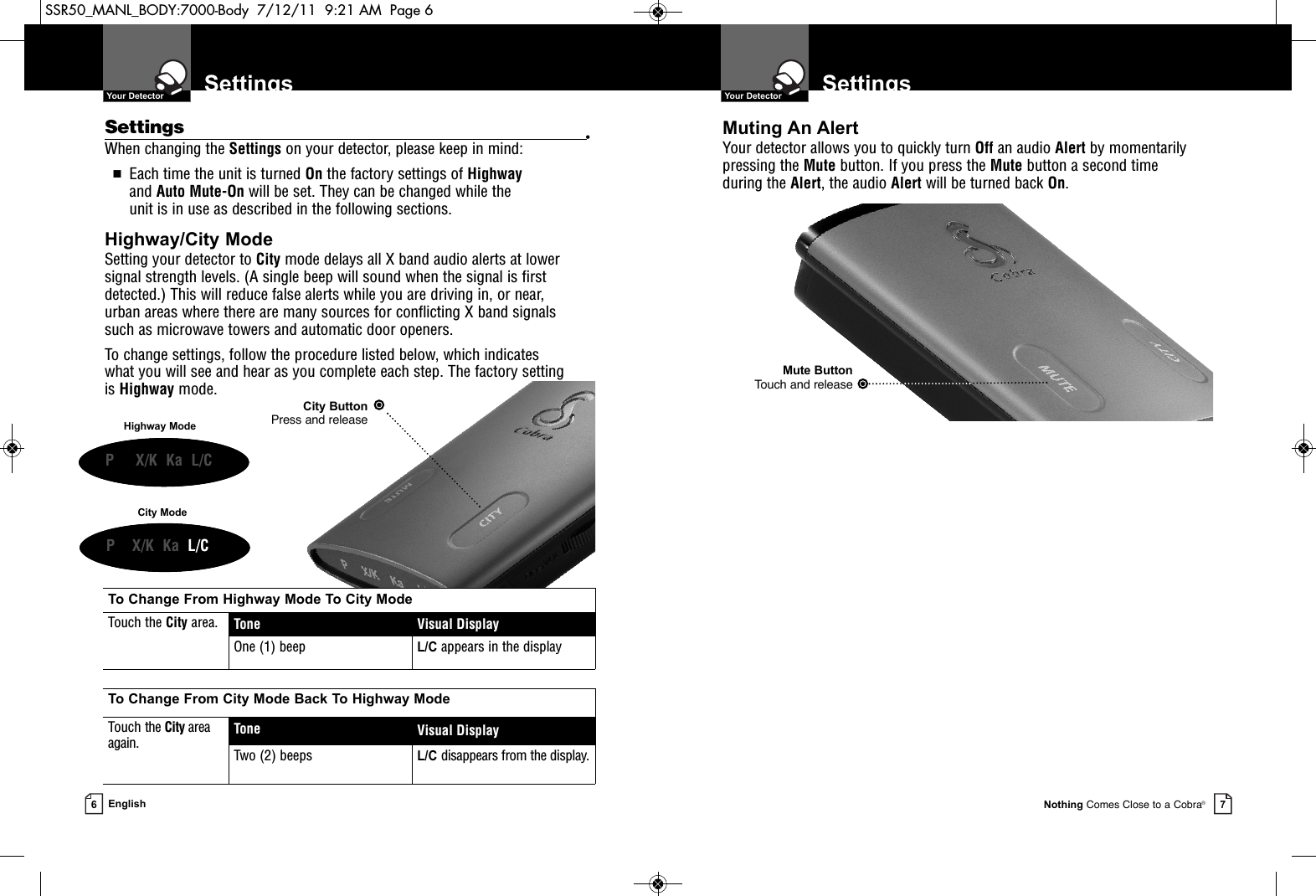 Settings  Your DetectorNothing Comes Close to a Cobra®7Settings  Your Detector6EnglishSettings •When changing the Settings on your detector, please keep in mind:■Each time the unit is turned On the factory settings of Highwayand Auto Mute-On will be set. They can be changed while the unit is in use as described in the following sections.Highway/City ModeSetting your detector to City mode delays all X band audio alerts at lowersignal strength levels. (A single beep will sound when the signal is firstdetected.) This will reduce false alerts while you are driving in, or near, urban areas where there are many sources for conflicting X band signals such as microwave towers and automatic door openers. To change settings, follow the procedure listed below, which indicates what you will see and hear as you complete each step. The factory setting is Highway mode.City ButtonPress and releaseCity ModeHighway ModeTo Change From Highway Mode To City ModeTouch the City area. Tone Visual DisplayOne (1) beepL/Cappears in the displayTo Change From City Mode Back To Highway ModeTouch the City areaagain.Tone Visual DisplayTwo (2) beepsL/Cdisappears from the display.Muting An AlertYour detector allows you to quickly turn Off an audio Alert by momentarilypressing the Mute button. If you press the Mute button a second time during the Alert, the audio Alert will be turned back On.Mute ButtonTouch and releaseP     X/K  Ka  L/CP    X/K  Ka L/CSSR50_MANL_BODY:7000-Body  7/12/11  9:21 AM  Page 6