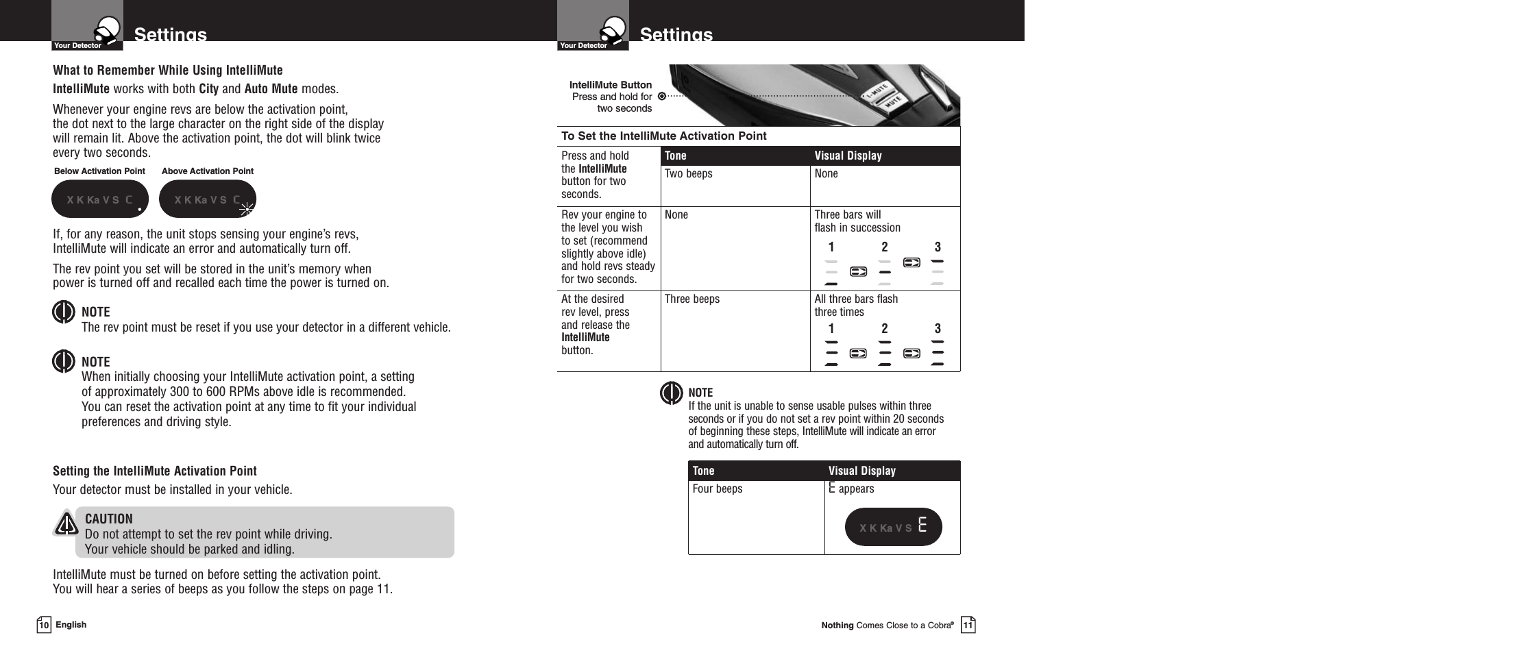 SettingsYour DetectorNothing Comes Close to a Cobra®11SettingsYour DetectorEnglishWhat to Remember While Using IntelliMuteIntelliMute works with both City and Auto Mute modes.Whenever your engine revs are below the activation point, the dot next to the large character on the right side of the display will remain lit. Above the activation point, the dot will blink twice every two seconds.If, for any reason, the unit stops sensing your engine’s revs, IntelliMute will indicate an error and automatically turn off.The rev point you set will be stored in the unit’s memory when power is turned off and recalled each time the power is turned on.NOTEThe rev point must be reset if you use your detector in a different vehicle.NOTEWhen initially choosing your IntelliMute activation point, a setting of approximately 300 to 600 RPMs above idle is recommended. You can reset the activation point at any time to fit your individualpreferences and driving style.Setting the IntelliMute Activation PointYour detector must be installed in your vehicle.CAUTIONDo not attempt to set the rev point while driving. Your vehicle should be parked and idling. IntelliMute must be turned on before setting the activation point. You will hear a series of beeps as you follow the steps on page 11.10IntelliMute ButtonPress and hold for two secondsBelow Activation PointX K Ka VS  cAbove Activation PointX K Ka VS  cTo Set the IntelliMute Activation PointPress and holdthe IntelliMute button for two seconds.Tone Visual DisplayTwo beeps NoneRev your engine tothe level you wish to set (recommendslightly above idle)and hold revs steadyfor two seconds. None Three bars will flash in successionAt the desired rev level, press and release theIntelliMutebutton.Three beeps All three bars flash three timesTone Visual DisplayFour beeps EappearsX K Ka V S  E123123NOTEIf the unit is unable to sense usable pulses within threeseconds or if you do not set a rev point within 20 seconds of beginning these steps, IntelliMute will indicate an error and automatically turn off.