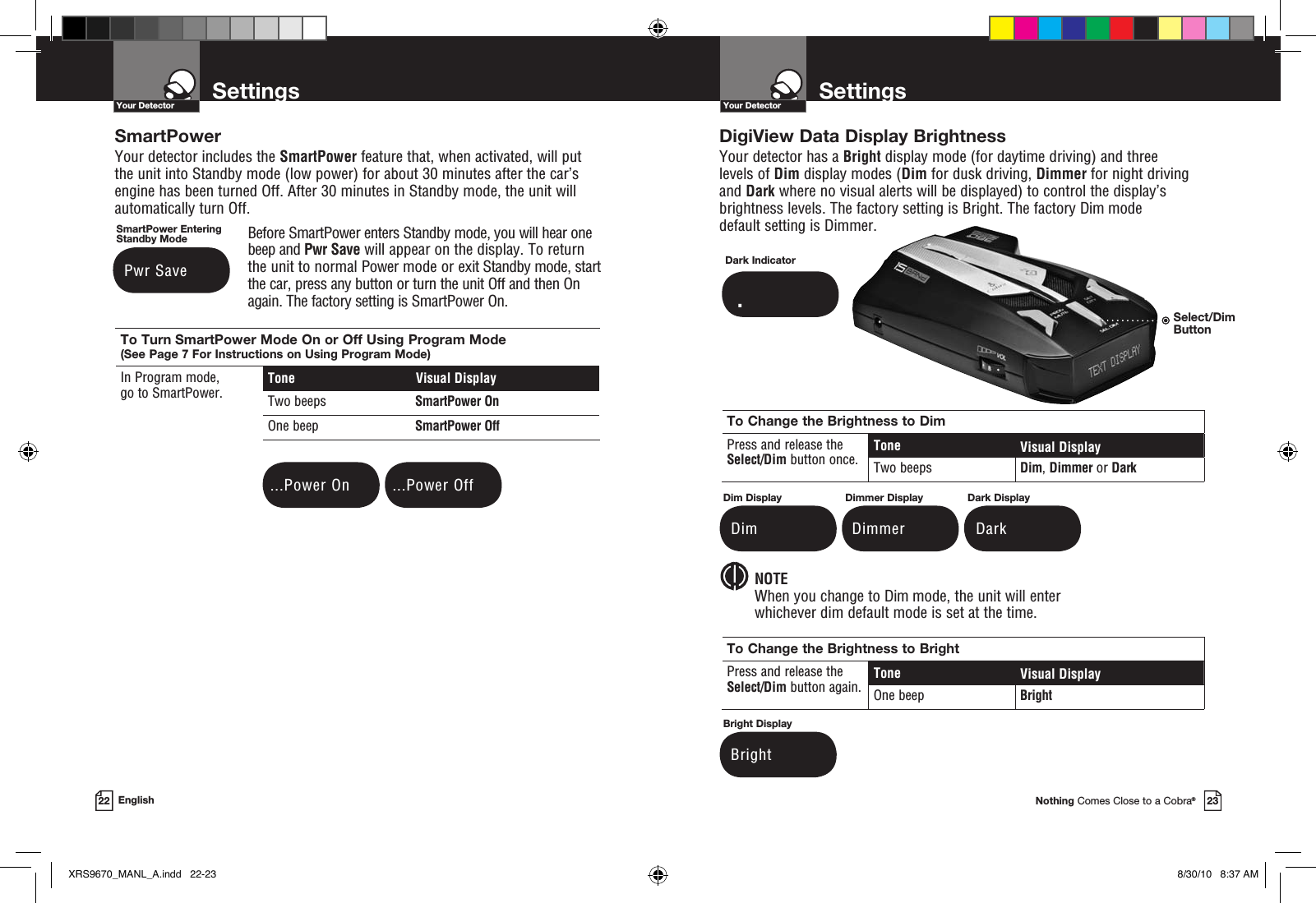 SettingsYour DetectorNothing Comes Close to a Cobra®23SettingsYour Detector22 EnglishDigiView Data Display Brightness Your detector has a Bright display mode (for daytime driving) and three levels of Dim display modes (Dim for dusk driving, Dimmer for night driving and Dark where no visual alerts will be displayed) to control the display’s brightness levels. The factory setting is Bright. The factory Dim mode default setting is Dimmer.Dark Indicator.To Change the Brightness to Dim Press and release the Select/Dim button once.Tone Visual DisplayTwo beeps Dim, Dimmer or DarkTo Change the Brightness to Bright Press and release the Select/Dim button again.Tone Visual DisplayOne beep Bright NOTEWhen you change to Dim mode, the unit will enter whichever dim default mode is set at the time.Dim Display DimBright Display BrightDimmer Display  DimmerDark Display  DarkSmartPower Your detector includes the SmartPower feature that, when activated, will put the unit into Standby mode (low power) for about 30 minutes after the car’s engine has been turned Off. After 30 minutes in Standby mode, the unit will automatically turn Off. Before SmartPower enters Standby mode, you will hear one beep and Pwr Save will appear on the display. To return the unit to normal Power mode or exit Standby mode, start the car, press any button or turn the unit Off and then On again. The factory setting is SmartPower On.SmartPower Entering Standby Mode Pwr Save ...Power On  ...Power OffTo Turn SmartPower Mode On or Off Using Program Mode (See Page 7 For Instructions on Using Program Mode)In Program mode,  go to SmartPower. Tone  Visual DisplayTwo beeps SmartPower OnOne beep SmartPower OffSelect/Dim ButtonXRS9670_MANL_A.indd   22-23 8/30/10   8:37 AM