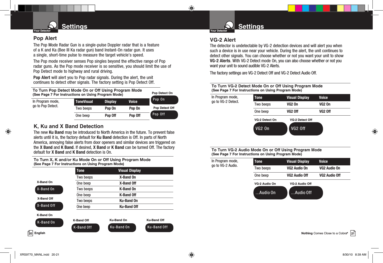 To Turn X, K and/or Ku Mode On or Off Using Program Mode (See Page 7 For Instructions on Using Program Mode)In Program mode,  go to X, K or Ku band. Tone           Visual Display Two beeps X-Band OnOne beep X-Band OffTwo beeps K-Band OnOne beep K-Band OffTwo beeps One beep  Ku-Band OnKu-Band OffNothing Comes Close to a Cobra®21SettingsYour Detector20 EnglishSettingsYour DetectorTo Turn VG-2 Detect Mode On or Off Using Program Mode (See Page 7 For Instructions on Using Program Mode)In Program mode,  go to VG-2 Detect. Tone  Visual Display  VoiceTwo beeps VG2 On  VG2 On One beep VG2 Off VG2 OffTo Turn VG-2 Audio Mode On or Off Using Program Mode (See Page 7 For Instructions on Using Program Mode)In Program mode,  go to VG-2 Audio. Tone  Visual Display  VoiceTwo beeps VG2 Audio On VG2 Audio OnOne beep VG2 Audio Off VG2 Audio OffVG-2 Detect On VG2 OnVG-2 Detect Off VG2 OffVG-2 Audio On ...Audio OnVG-2 Audio Off ...Audio OffVG-2 Alert The detector is undetectable by VG-2 detection devices and will alert you when such a device is in use near your vehicle. During the alert, the unit continues to detect other signals. You can choose whether or not you want your unit to show VG-2 Alerts. With VG-2 Detect mode On, you can also choose whether or not you want your unit to sound audible VG-2 Alerts. The factory settings are VG-2 Detect Off and VG-2 Detect Audio Off.Pop AlertThe Pop Mode Radar Gun is a single-pulse Doppler radar that is a feature  of a K and Ka (Bee III Ka radar gun) band Instant-On radar gun. It uses  a single, short-time pulse to measure the target vehicle’s speed.The Pop mode receiver senses Pop singles beyond the effective range of Pop radar guns. As the Pop mode receiver is so sensitive, you should limit the use of Pop Detect mode to highway and rural driving.Pop Alert will alert you to Pop radar signals. During the alert, the unit  continues to detect other signals. The factory setting is Pop Detect Off.To Turn Pop Detect Mode On or Off Using Program Mode (See Page 7 For Instructions on Using Program Mode)In Program mode,  go to Pop Detect. ToneVisual   Display  VoiceTwo beeps Pop On Pop OnOne beep Pop Off Pop OffKu-Band On Ku-Band OnKu-Band Off Ku-Band OffX-Band Off X-Band OffK-Band On K-Band On K-Band Off K-Band OffX-Band On X-Band OnPop Detect Off Pop  OffPop Detect On Pop  OnK, Ku and X Band DetectionThe new Ku Band may be introduced to North America in the future. To prevent false alerts until it is, the factory default for Ku Band detection is Off. In parts of North America, annoying false alerts from door openers and similar devices are triggered on the X Band and K Band. If desired, X Band or K Band can be turned Off. The factory default for X Band and K Band detection is On.XRS9770_MANL.indd   20-21 8/30/10   8:39 AM