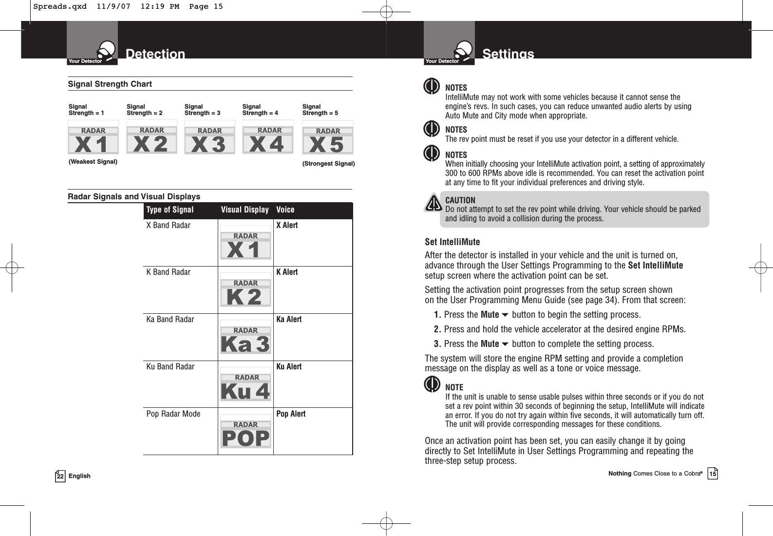 DetectionYour Detector22 EnglishType of Signal Visual Display VoiceX Band Radar X AlertK Band Radar K AlertKa Band Radar Ka AlertKu Band Radar Ku AlertPop Radar Mode Pop AlertSignal Strength ChartSignal Strength = 1 (Weakest Signal) (Strongest Signal)Signal Strength = 2Signal Strength = 3Signal Strength = 4Signal Strength = 5 Radar Signals and Visual Displays SettingsYour DetectorNothing Comes Close to a Cobra®15NOTESIntelliMute may not work with some vehicles because it cannot sense theengine’s revs. In such cases, you can reduce unwanted audio alerts by usingAuto Mute and City mode when appropriate.NOTESThe rev point must be reset if you use your detector in a different vehicle.NOTESWhen initially choosing your IntelliMute activation point, a setting of approximately300 to 600 RPMs above idle is recommended. You can reset the activation pointat any time to fit your individual preferences and driving style.CAUTIONDo not attempt to set the rev point while driving. Your vehicle should be parkedand idling to avoid a collision during the process. Set IntelliMuteAfter the detector is installed in your vehicle and the unit is turned on,advance through the User Settings Programming to the Set IntelliMutesetup screen where the activation point can be set.Setting the activation point progresses from the setup screen shown on the User Programming Menu Guide (see page 34). From that screen:1. Press the Mutebutton to begin the setting process.2. Press and hold the vehicle accelerator at the desired engine RPMs.3. Press the Mutebutton to complete the setting process.The system will store the engine RPM setting and provide a completionmessage on the display as well as a tone or voice message.NOTEIf the unit is unable to sense usable pulses within three seconds or if you do notset a rev point within 30 seconds of beginning the setup, IntelliMute will indicatean error. If you do not try again within five seconds, it will automatically turn off.The unit will provide corresponding messages for these conditions.Once an activation point has been set, you can easily change it by goingdirectly to Set IntelliMute in User Settings Programming and repeating thethree-step setup process.Spreads.qxd  11/9/07  12:19 PM  Page 15